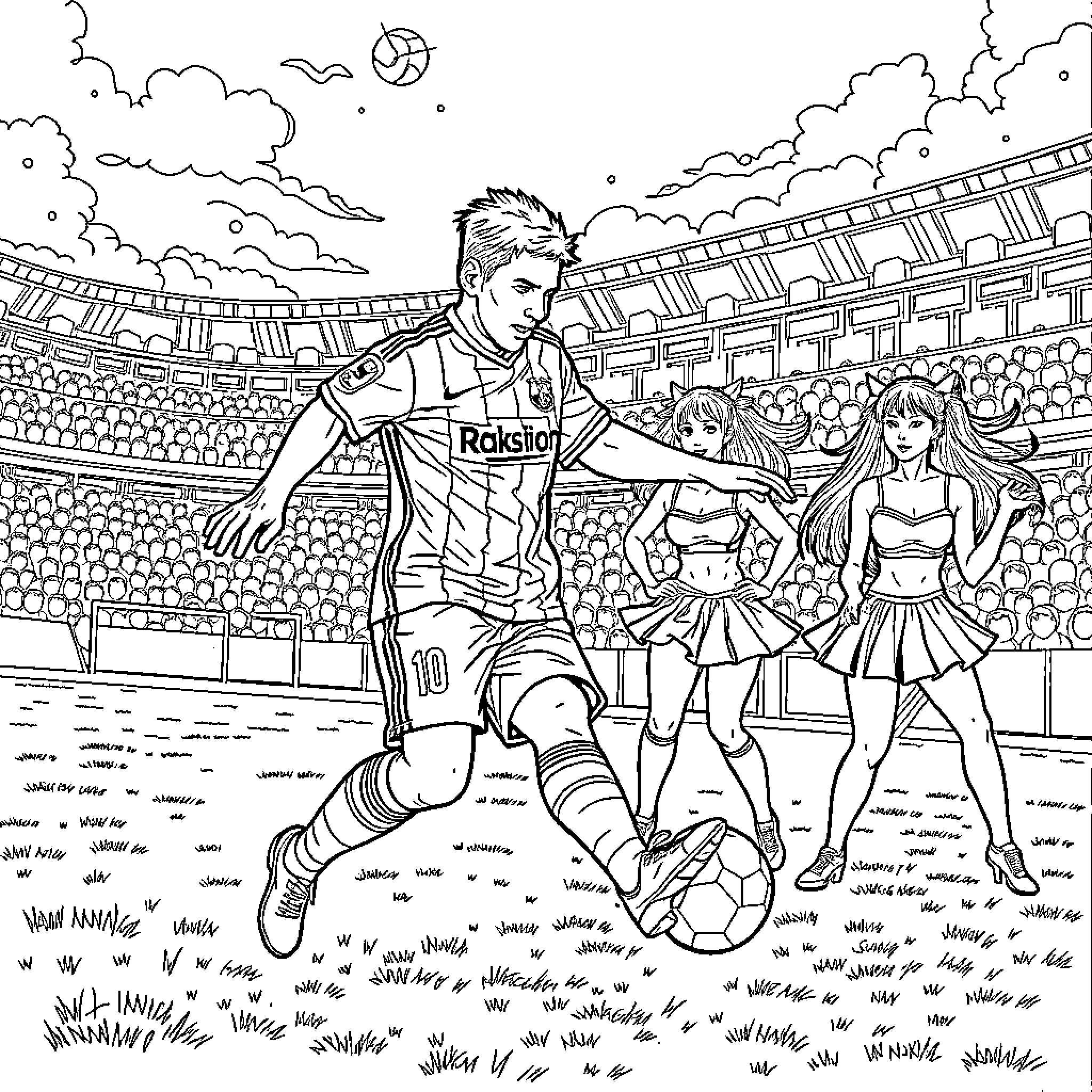 Messi celebrating with cheerleaders in the stadium Coloring Page (free black-and-white line drawing printable PDF for all, from beginners to advanced learners, including children, teens, adults, and seniors)