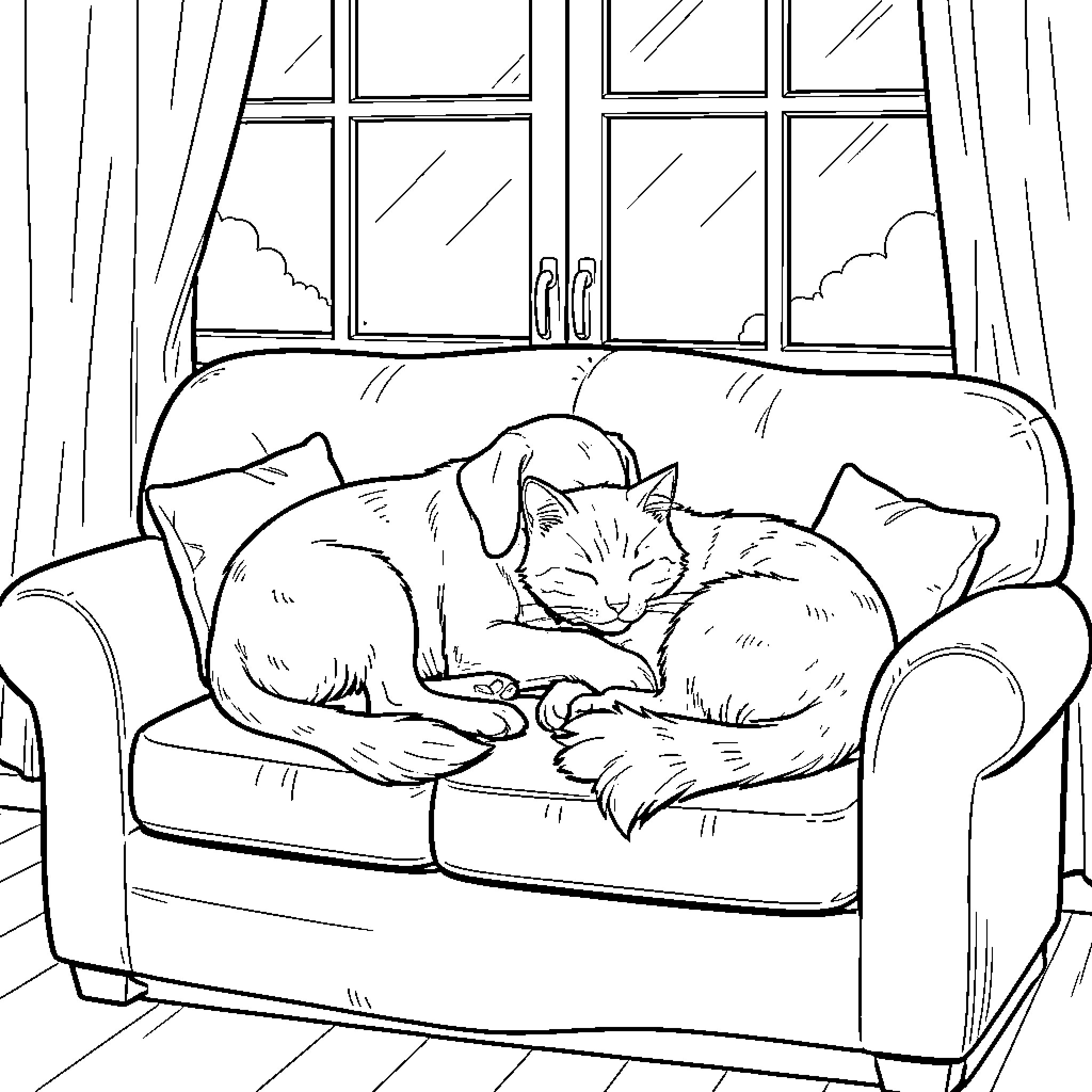 Dog and cat napping together on a sofa Coloring Page (free black-and-white line drawing printable PDF for all, from beginners to advanced learners, including children, teens, adults, and seniors)
