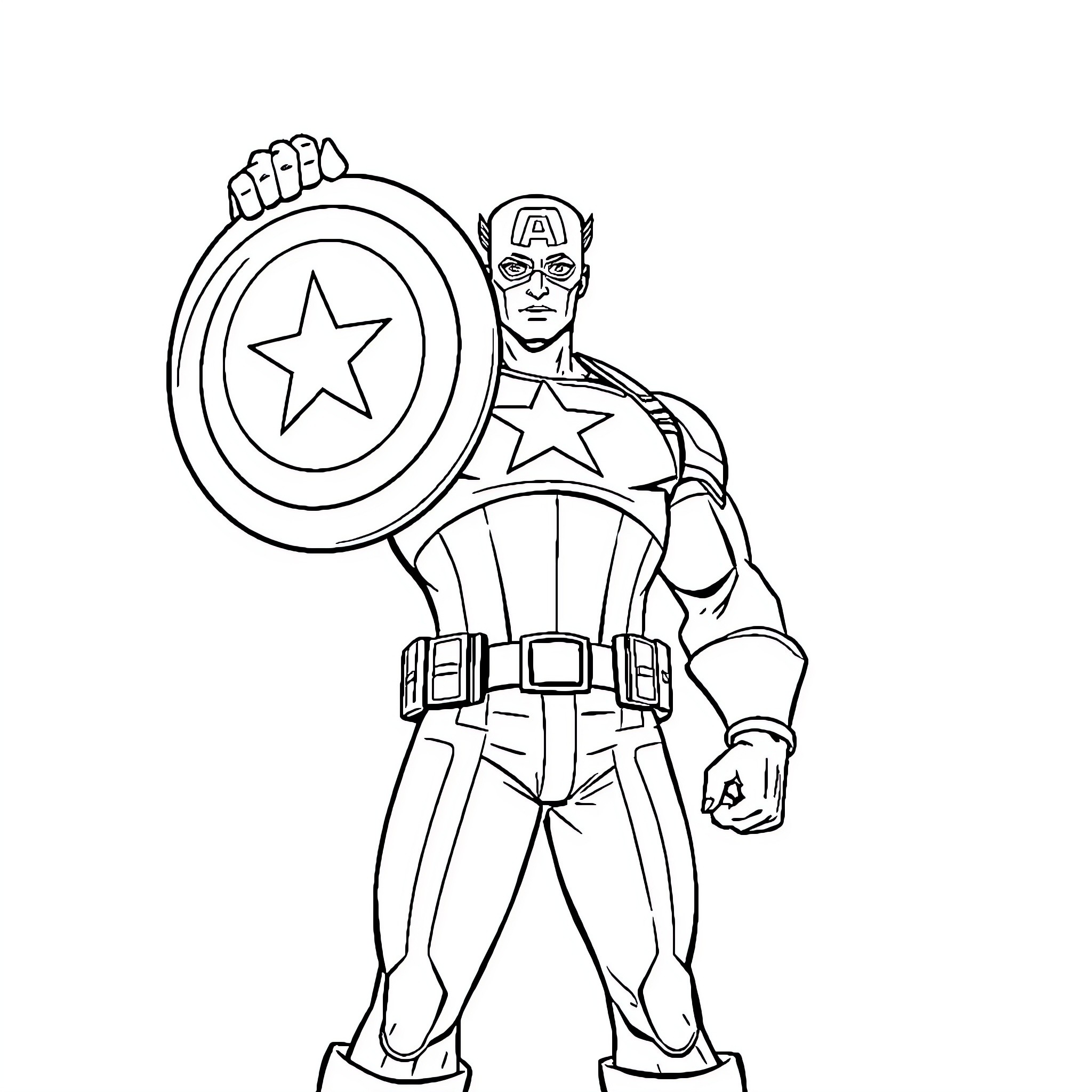 Captain America Heroically Wielding Shield Coloring Page (free black-and-white line drawing printable PDF for all, from beginners to advanced learners, including children, teens, adults, and seniors)