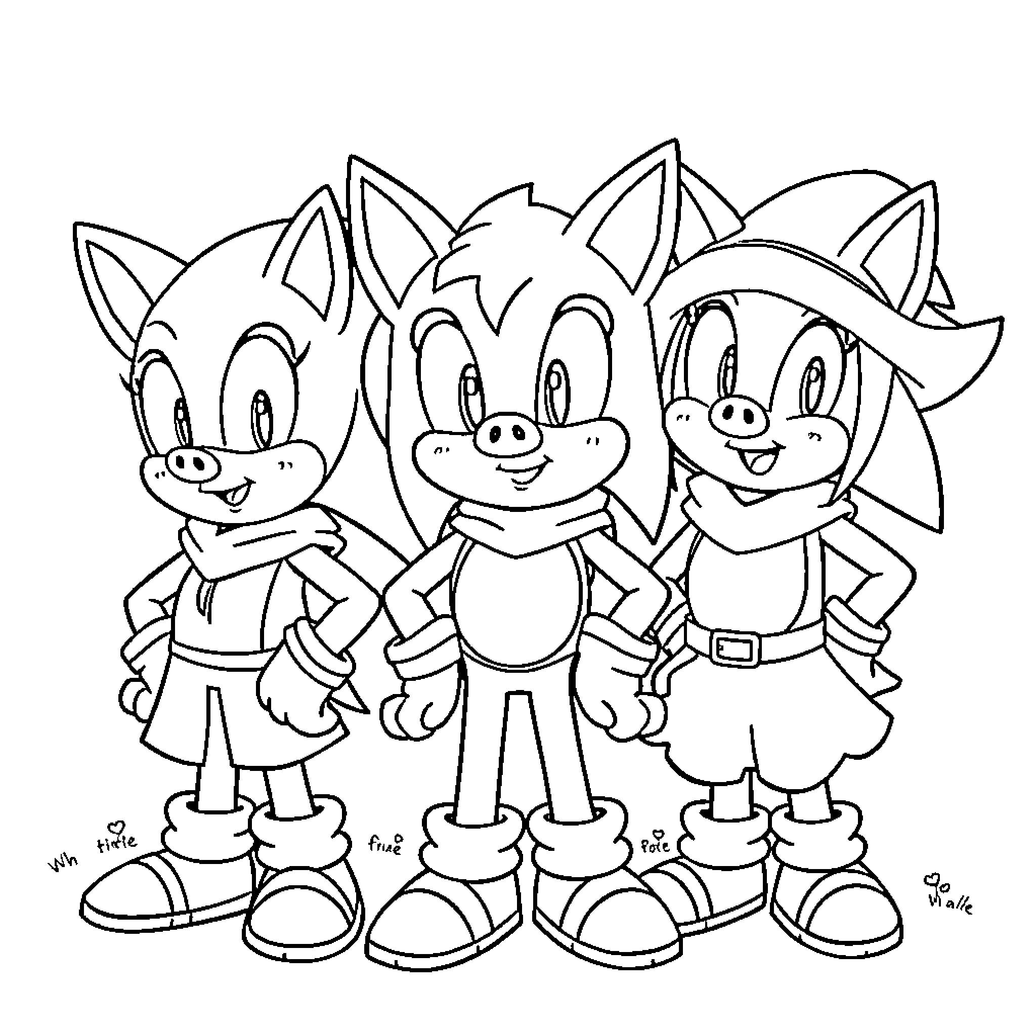 Sonic Characters in Cheerful Poses Coloring Page (free black-and-white line drawing printable PDF for all, from beginners to advanced learners, including children, teens, adults, and seniors)