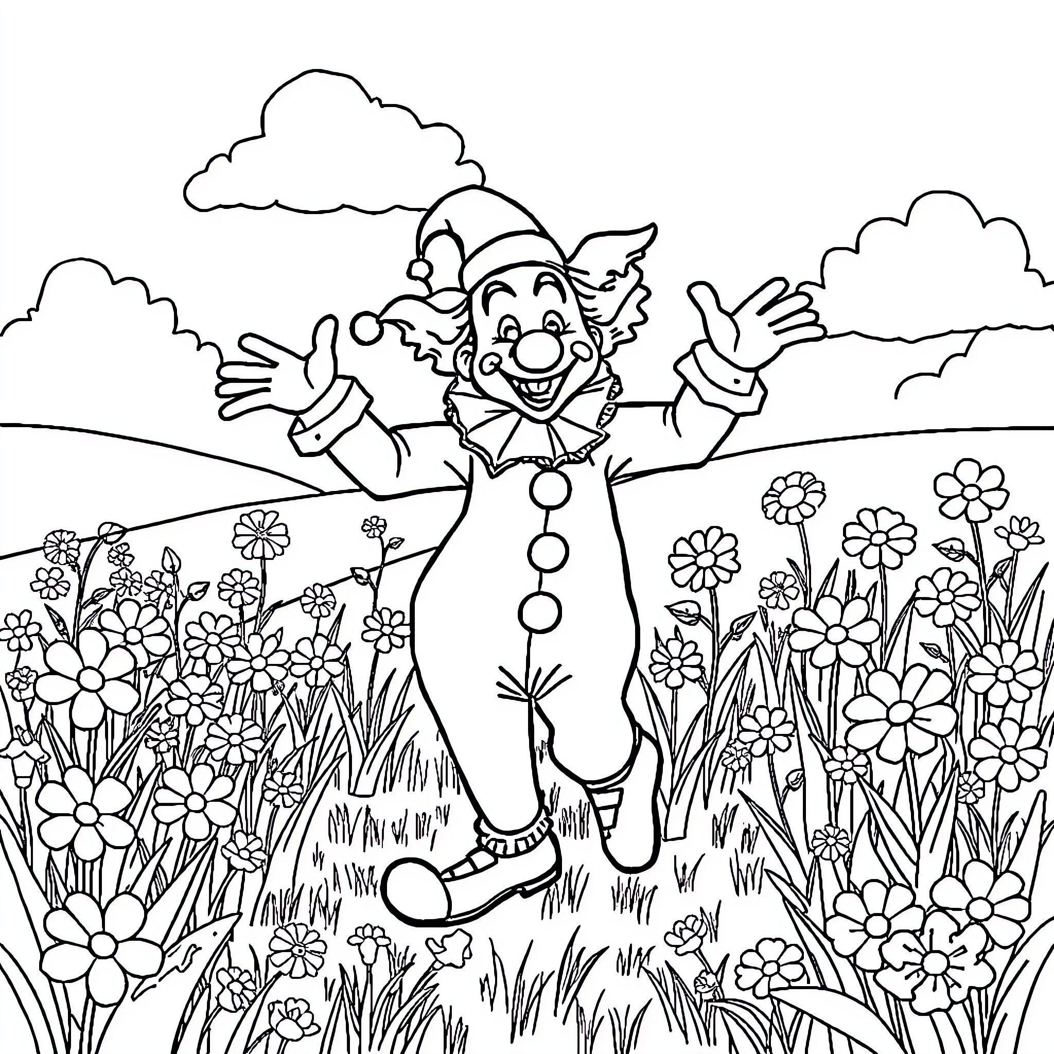 Art The Clown cheerfully dancing in a floral field Coloring Page (free black-and-white line drawing printable PDF for all, from beginners to advanced learners, including children, teens, adults, and seniors)