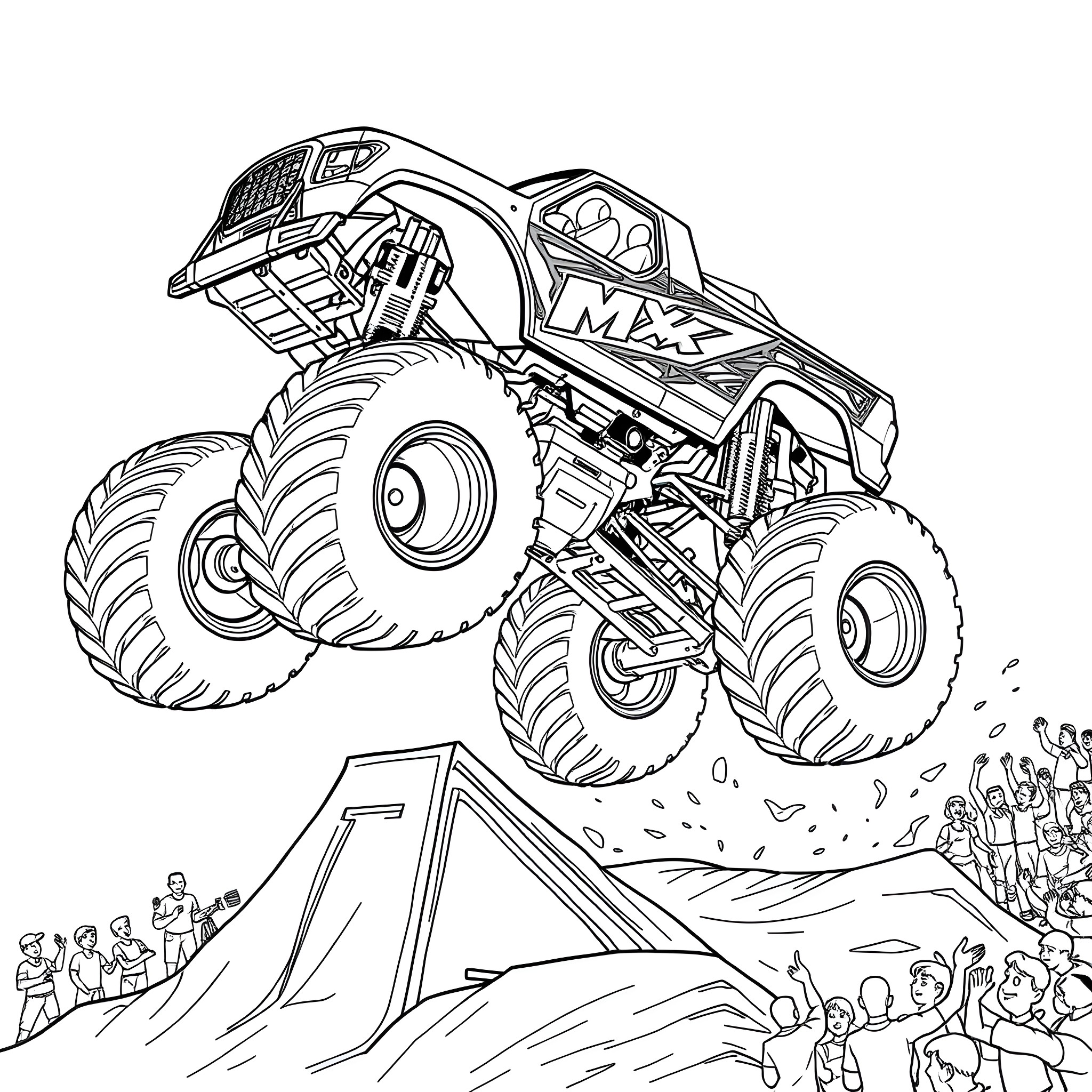 Max Monster Truck Jumping over Crowd Coloring Page (free black-and-white line drawing printable PDF for all, from beginners to advanced learners, including children, teens, adults, and seniors)