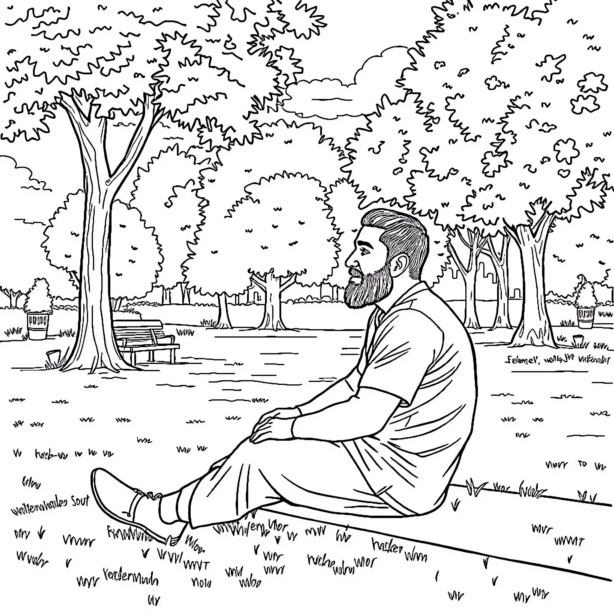 Omar's thoughtful contemplation in the serene park Coloring Page (free black-and-white line drawing printable PDF for all, from beginners to advanced learners, including children, teens, adults, and seniors)