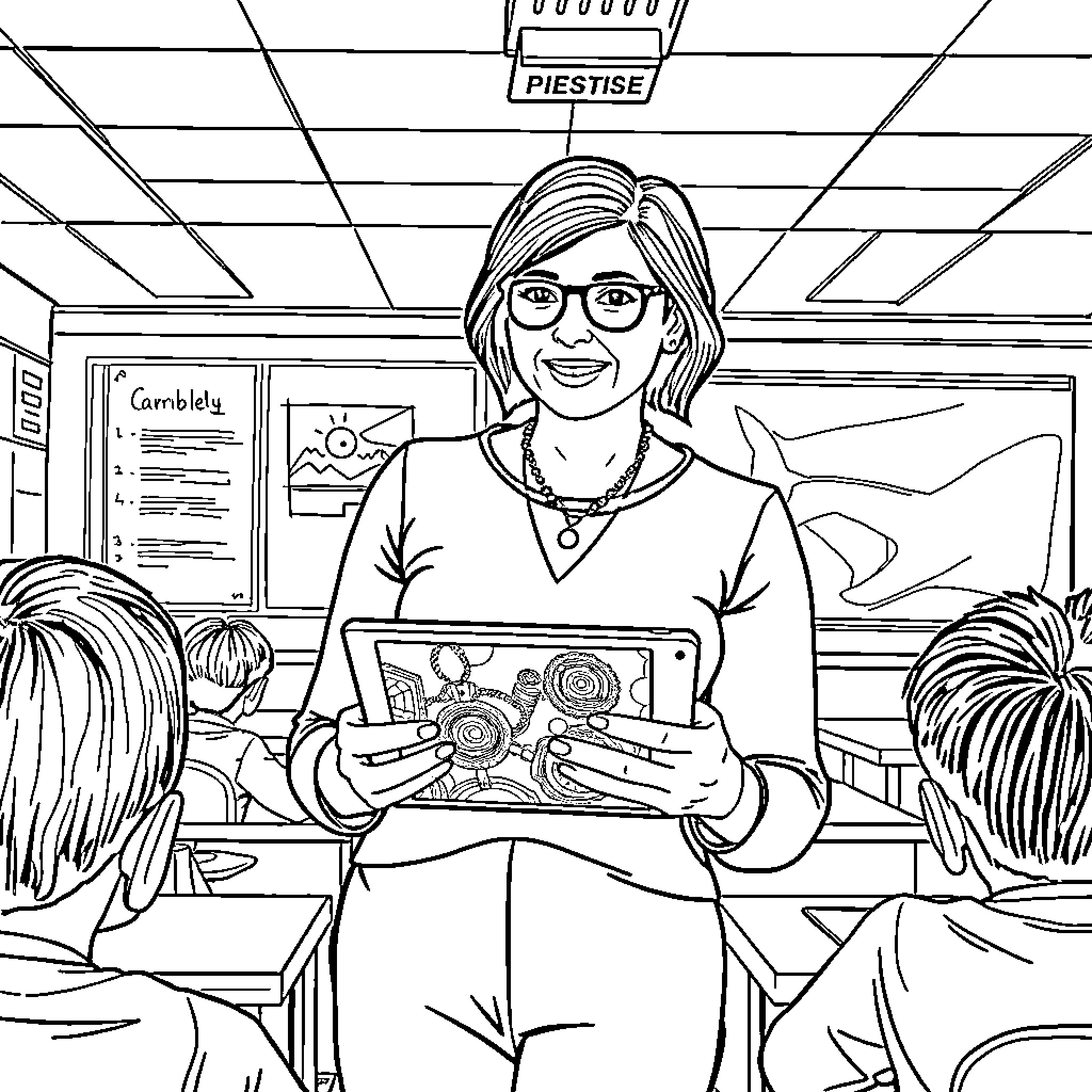 Susi Pallero engaging students in educational activities Coloring Page (free black-and-white line drawing printable PDF for all, from beginners to advanced learners, including children, teens, adults, and seniors)