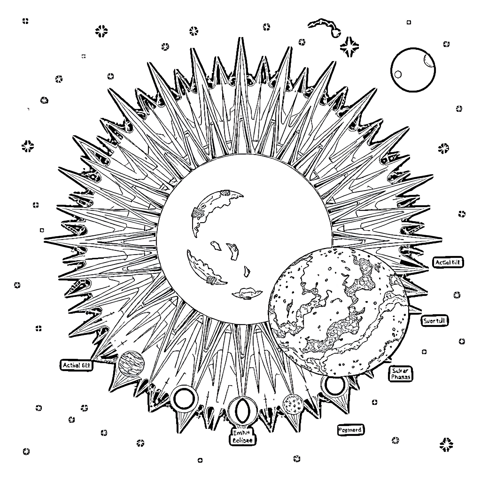 Sun Earth Moon Cosmic Harmony Coloring Page (free black-and-white line drawing printable PDF for all, from beginners to advanced learners, including children, teens, adults, and seniors)