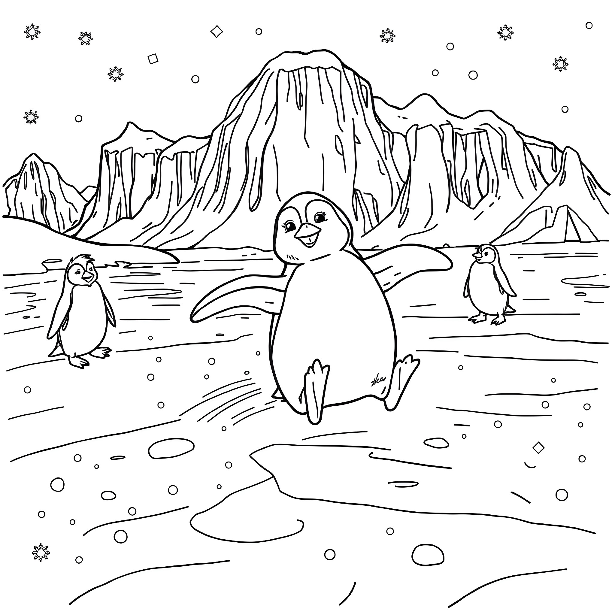 Penguin playing in the snowy Antarctic landscape Coloring Page (free black-and-white line drawing printable PDF for all, from beginners to advanced learners, including children, teens, adults, and seniors)