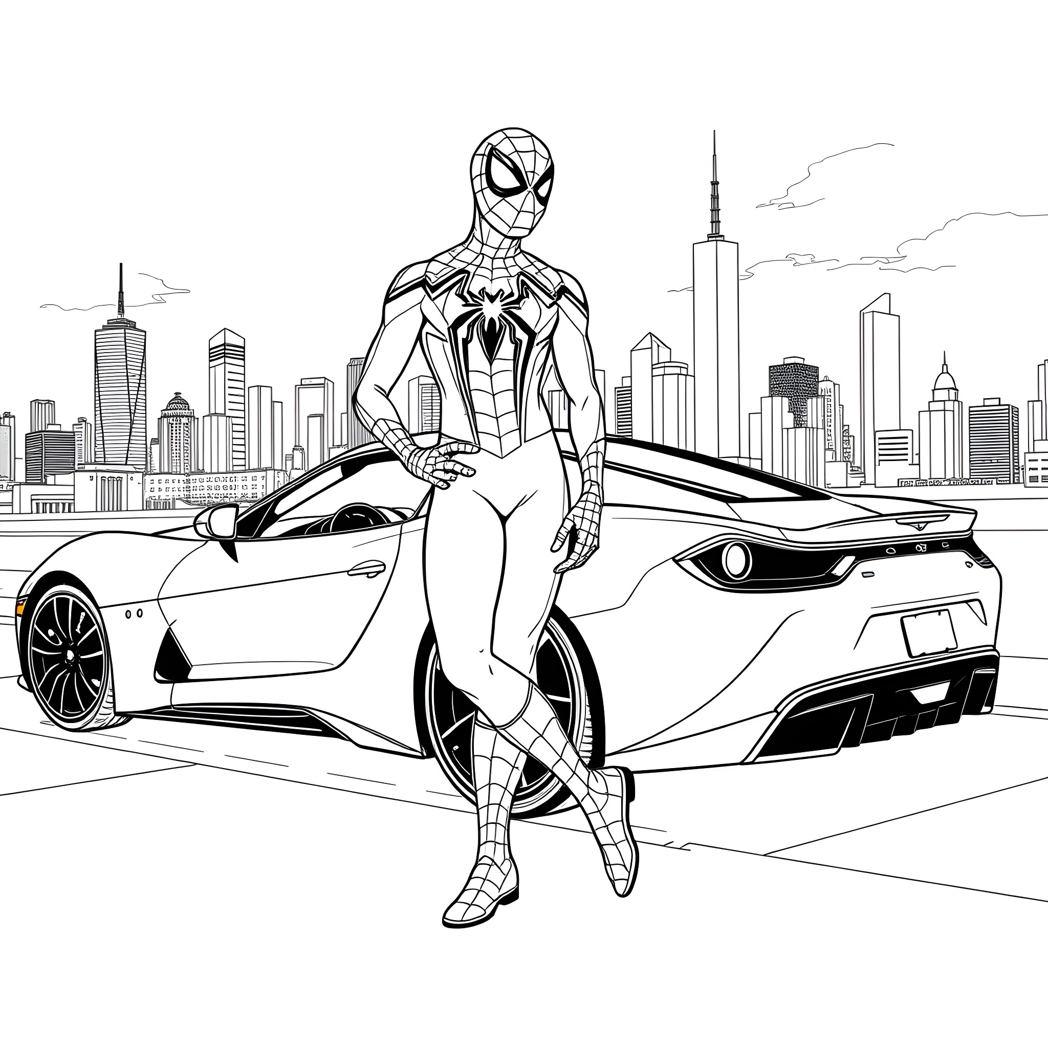 Spidey's Superhero Ride in the City Coloring Page (free black-and-white line drawing printable PDF for all, from beginners to advanced learners, including children, teens, adults, and seniors)