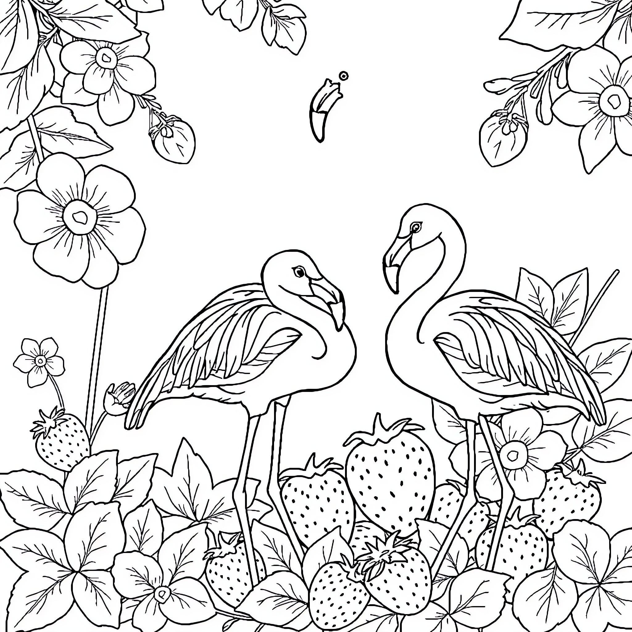 Flamingos amidst tropical foliage and berries Coloring Page (free black-and-white line drawing printable PDF for all, from beginners to advanced learners, including children, teens, adults, and seniors)