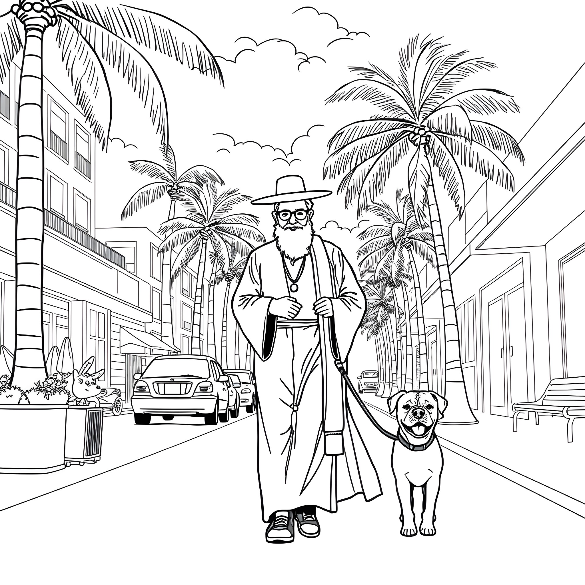 Rabbi walks with dog on a sunny street Coloring Page (free black-and-white line drawing printable PDF for all, from beginners to advanced learners, including children, teens, adults, and seniors)