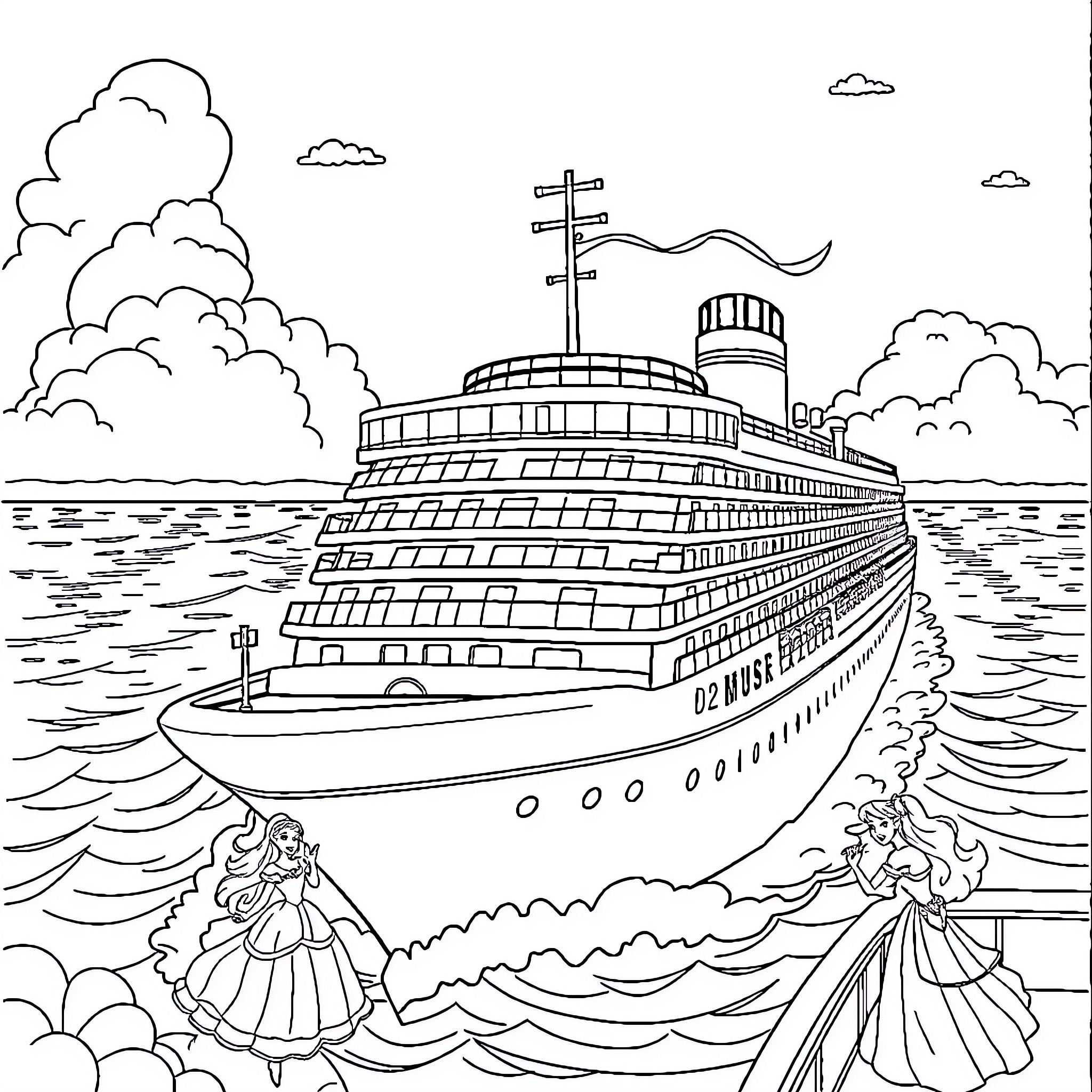Disney Princess Cruise Ship Adventure on the High Seas Coloring Page (free black-and-white line drawing printable PDF for all, from beginners to advanced learners, including children, teens, adults, and seniors)