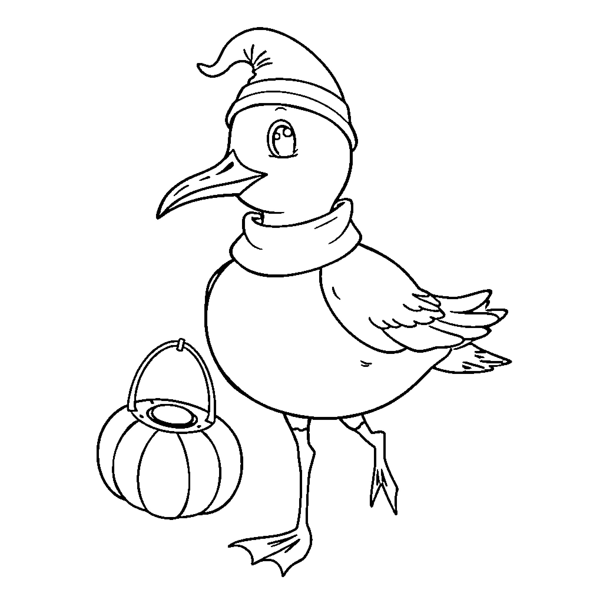 Seagull in festive hat with basket Coloring Page (free black-and-white line drawing printable PDF for all, from beginners to advanced learners, including children, teens, adults, and seniors)