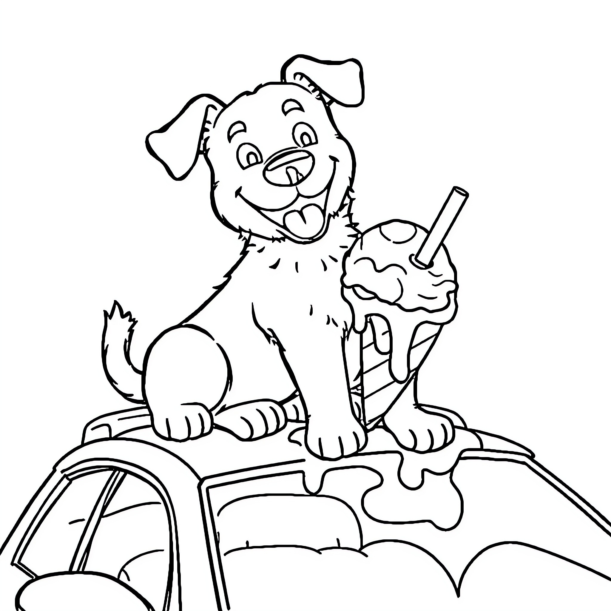 Dog enjoying an ice cream cone on a car Coloring Page (free black-and-white line drawing printable PDF for all, from beginners to advanced learners, including children, teens, adults, and seniors)