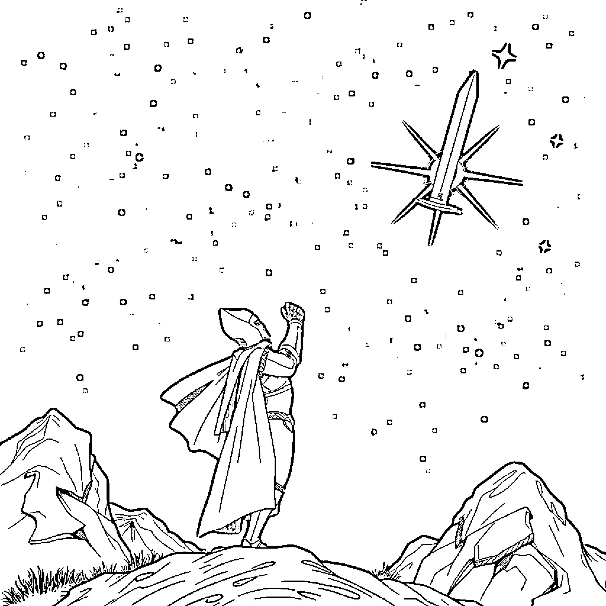 Knight standing proudly in a starry night landscape Coloring Page (free black-and-white line drawing printable PDF for all, from beginners to advanced learners, including children, teens, adults, and seniors)