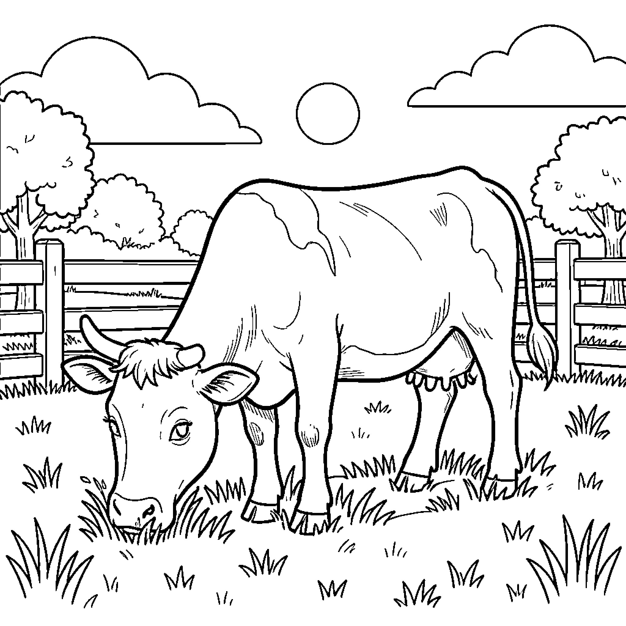 Cow grazing peacefully in the countryside Coloring Page (free black-and-white line drawing printable PDF for all, from beginners to advanced learners, including children, teens, adults, and seniors)