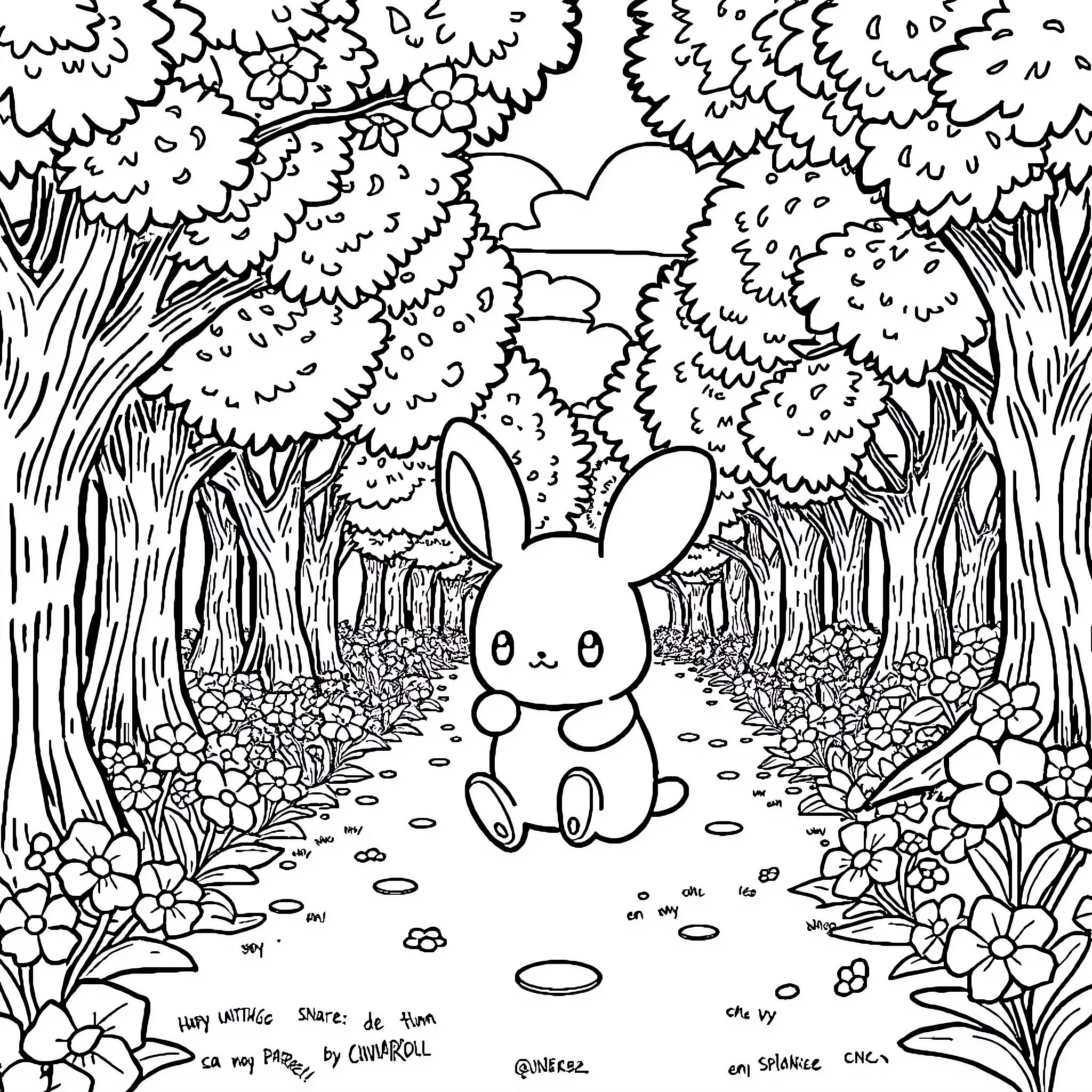 Cinnamoroll's peaceful stroll through the enchanted forest Coloring Page (free black-and-white line drawing printable PDF for all, from beginners to advanced learners, including children, teens, adults, and seniors)