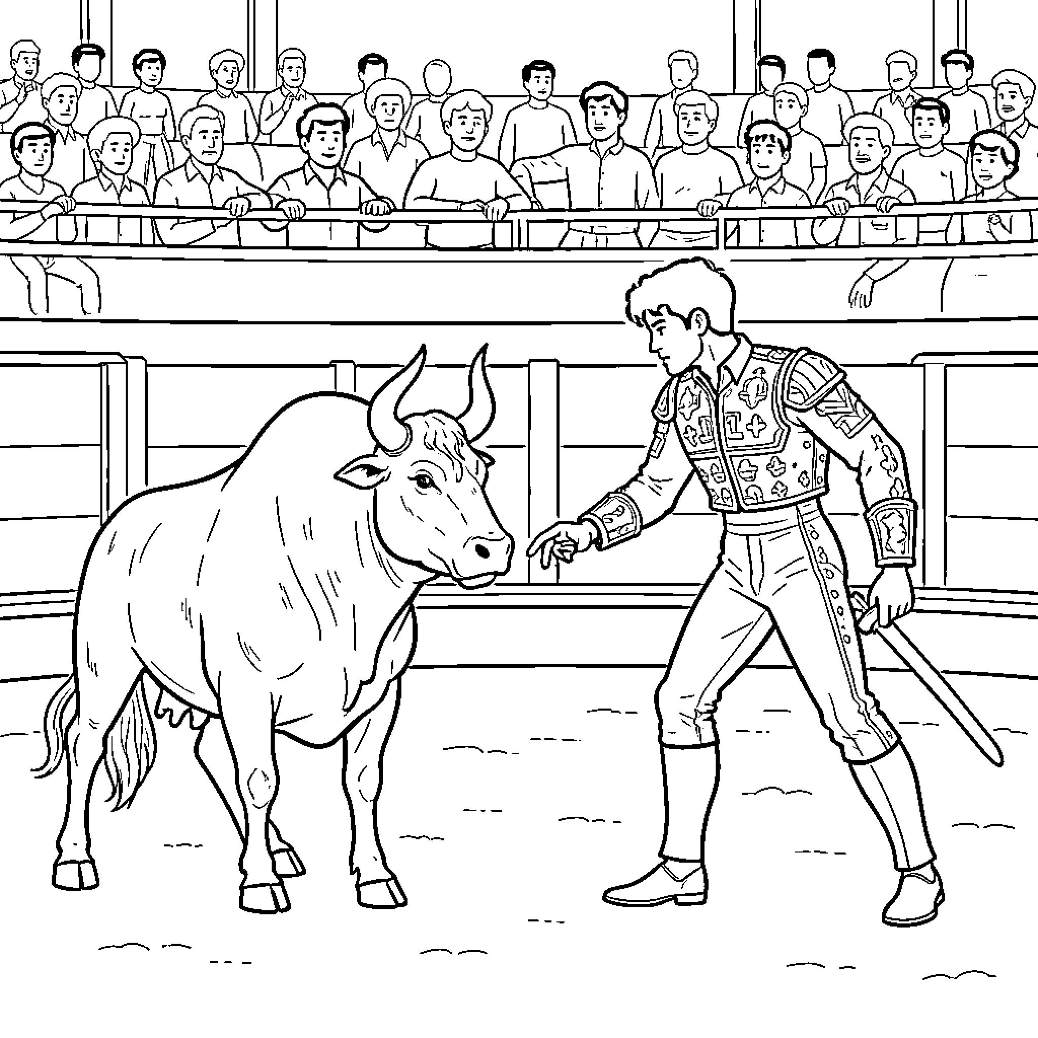 Toro facing a matador in a crowded arena Coloring Page (free black-and-white line drawing printable PDF for all, from beginners to advanced learners, including children, teens, adults, and seniors)