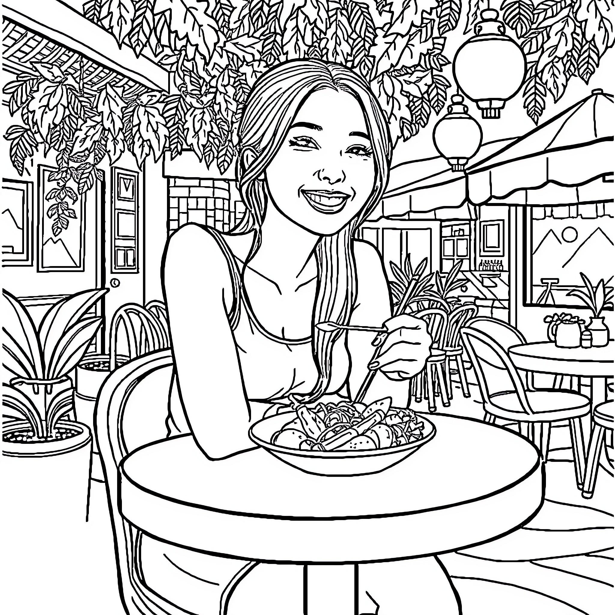 Eunha enjoys a refreshing meal at an outdoor cafe Coloring Page (free black-and-white line drawing printable PDF for all, from beginners to advanced learners, including children, teens, adults, and seniors)