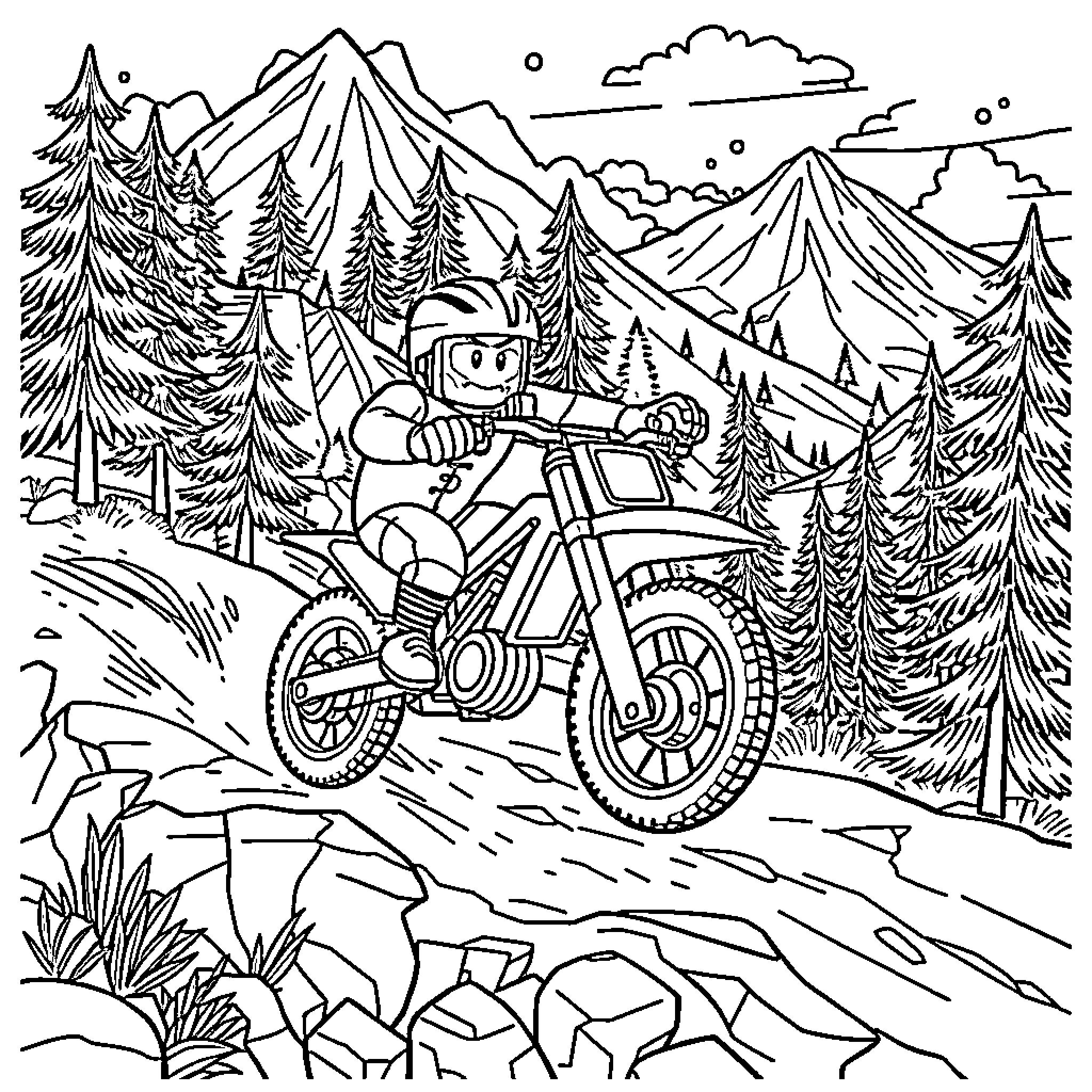 Mountain Biking Through Rugged Terrain Coloring Page (free black-and-white line drawing printable PDF for all, from beginners to advanced learners, including children, teens, adults, and seniors)