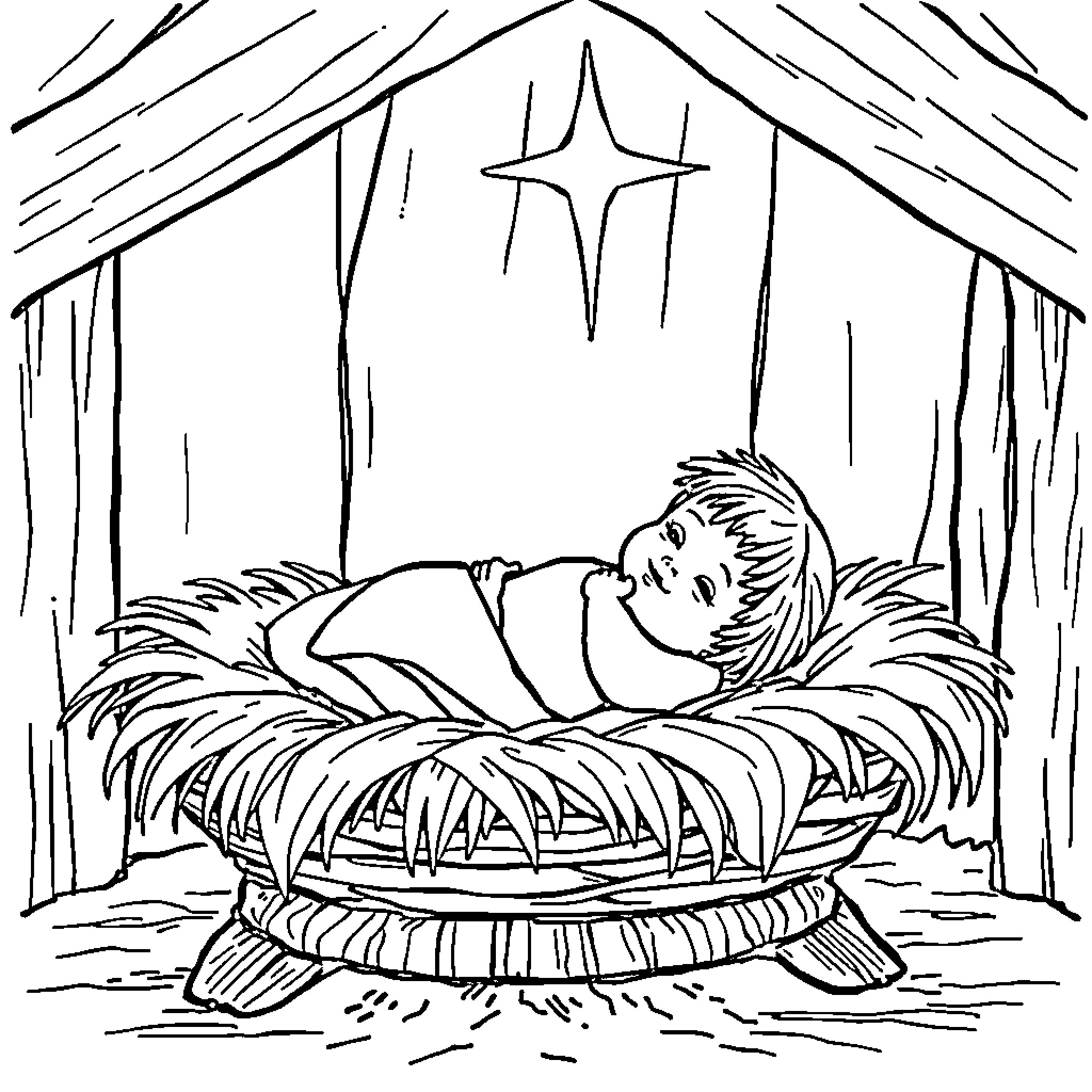 Baby Jesus peacefully sleeping in the manger Coloring Page (free black-and-white line drawing printable PDF for all, from beginners to advanced learners, including children, teens, adults, and seniors)