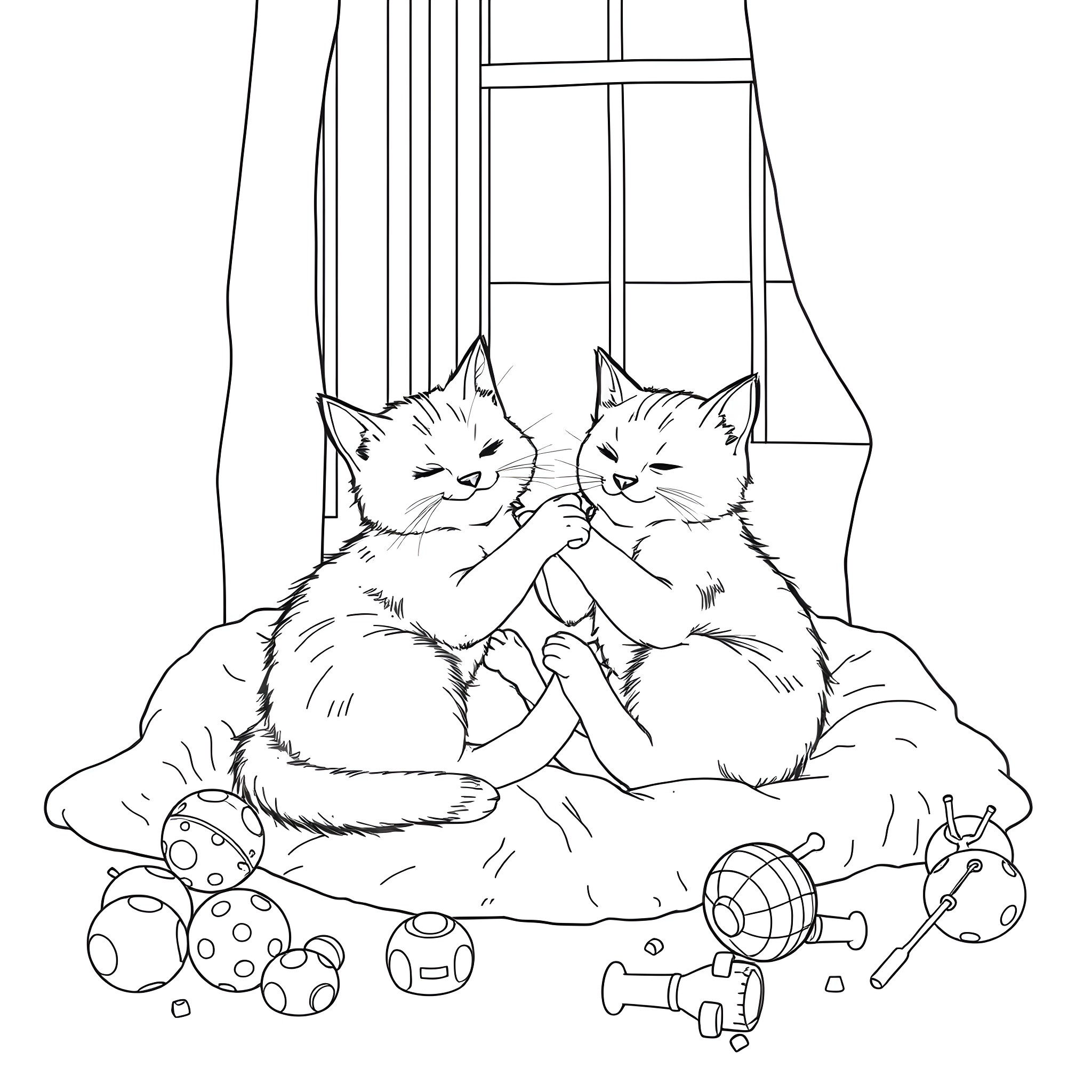Cats napping together on cushion with toys Coloring Page (free black-and-white line drawing printable PDF for all, from beginners to advanced learners, including children, teens, adults, and seniors)