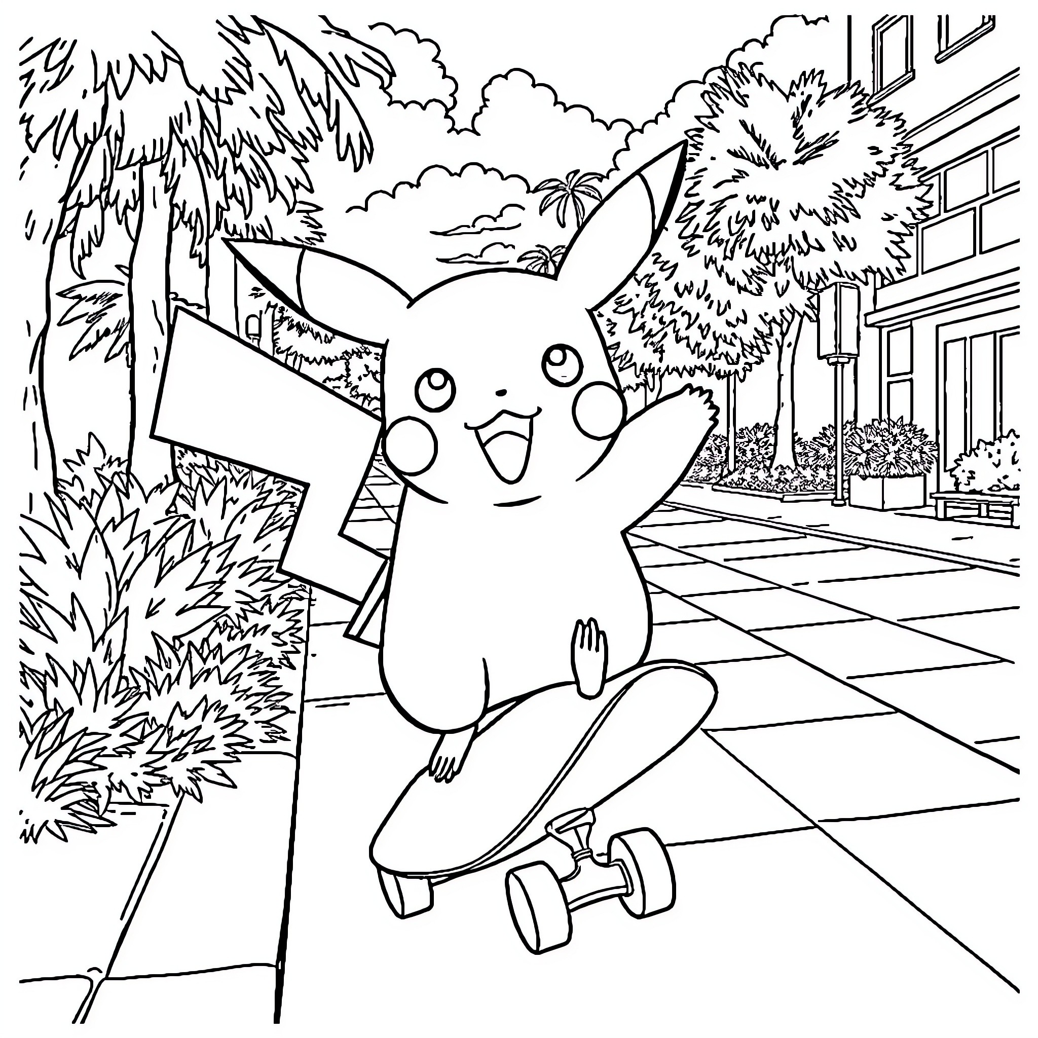 Pikachu skateboarding through a city landscape Coloring Page (free black-and-white line drawing printable PDF for all, from beginners to advanced learners, including children, teens, adults, and seniors)