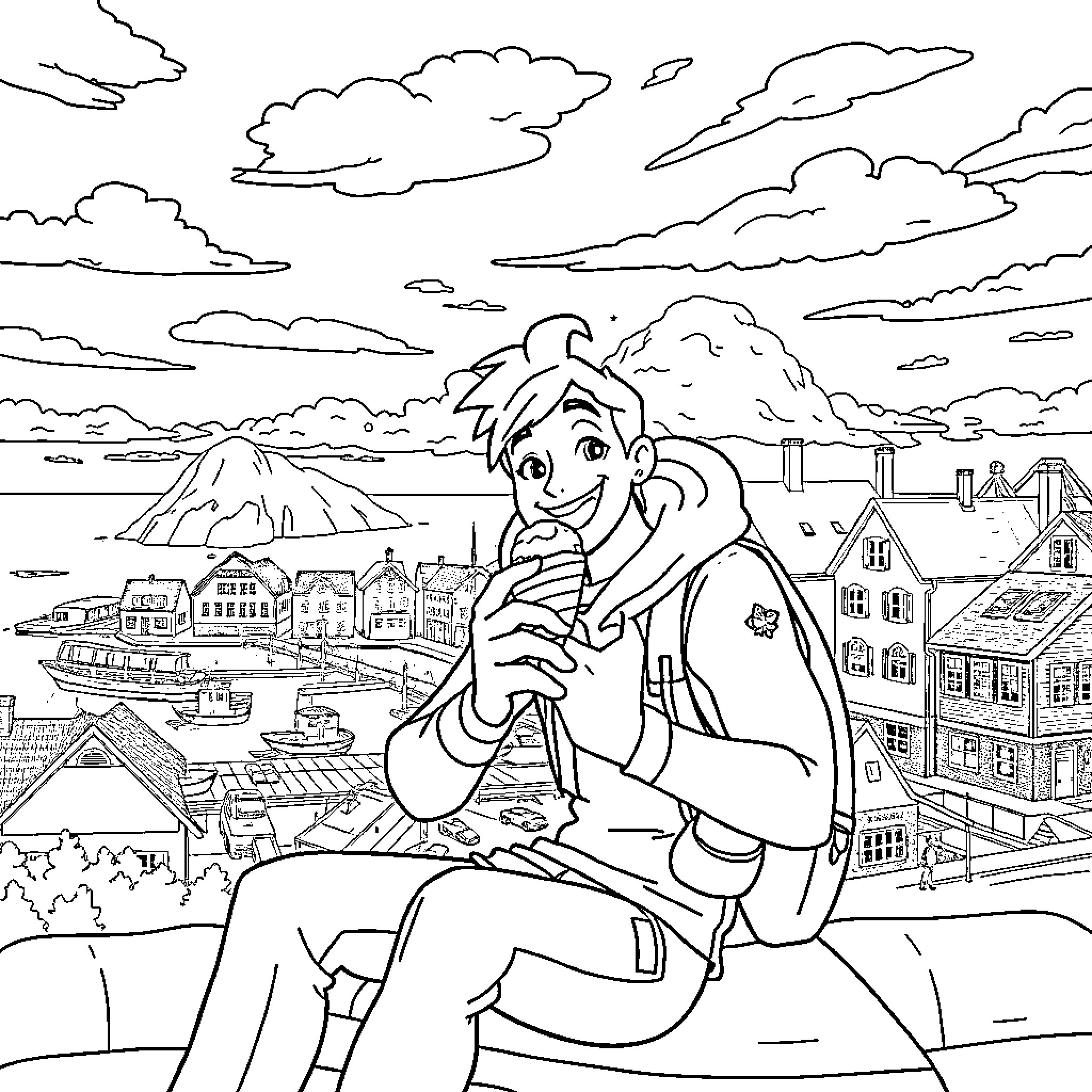 Fortnite character in a scenic town landscape Coloring Page (free black-and-white line drawing printable PDF for all, from beginners to advanced learners, including children, teens, adults, and seniors)