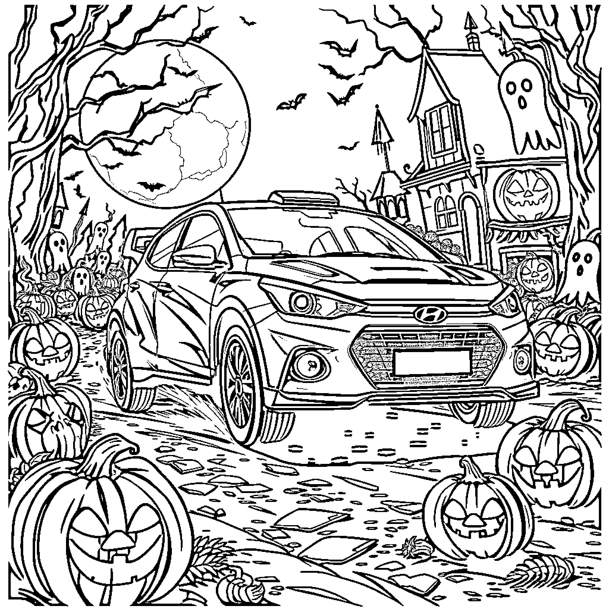 Hyundai i20 N on a spooky Halloween adventure Coloring Page (free black-and-white line drawing printable PDF for all, from beginners to advanced learners, including children, teens, adults, and seniors)