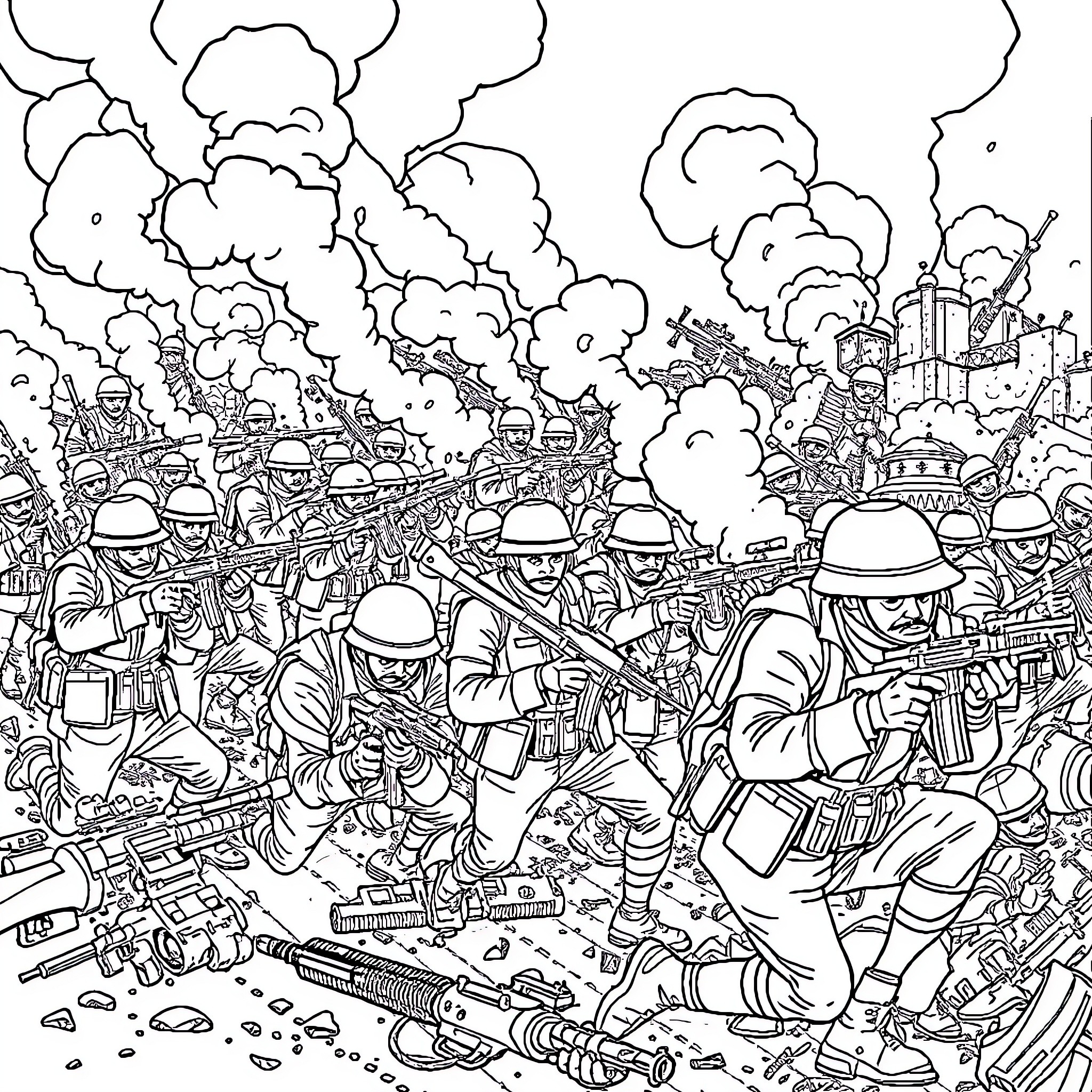 Soldier Battle in Chaotic Wartime Scene Coloring Page (free black-and-white line drawing printable PDF for all, from beginners to advanced learners, including children, teens, adults, and seniors)
