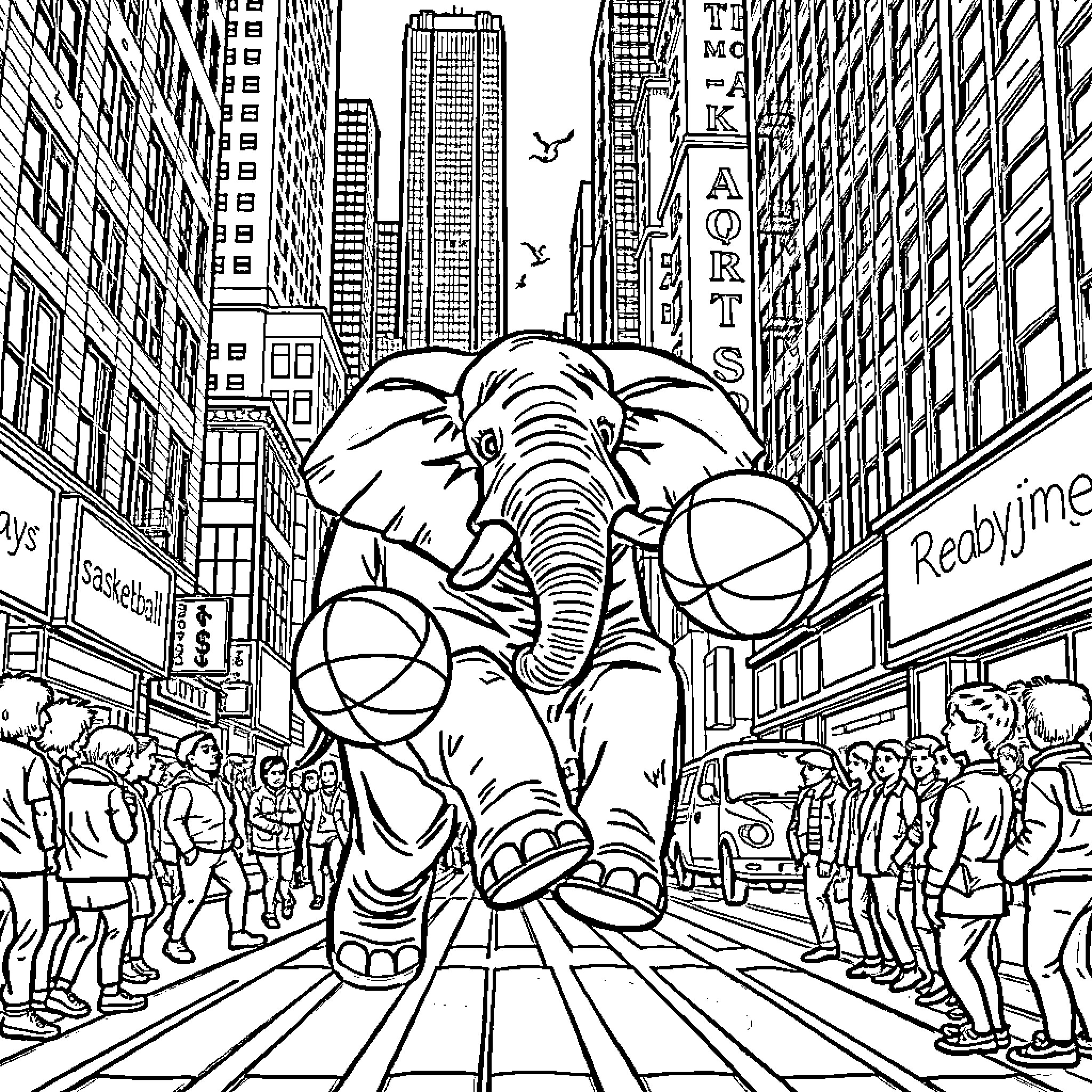 Elephant parading through the busy city streets Coloring Page (free black-and-white line drawing printable PDF for all, from beginners to advanced learners, including children, teens, adults, and seniors)