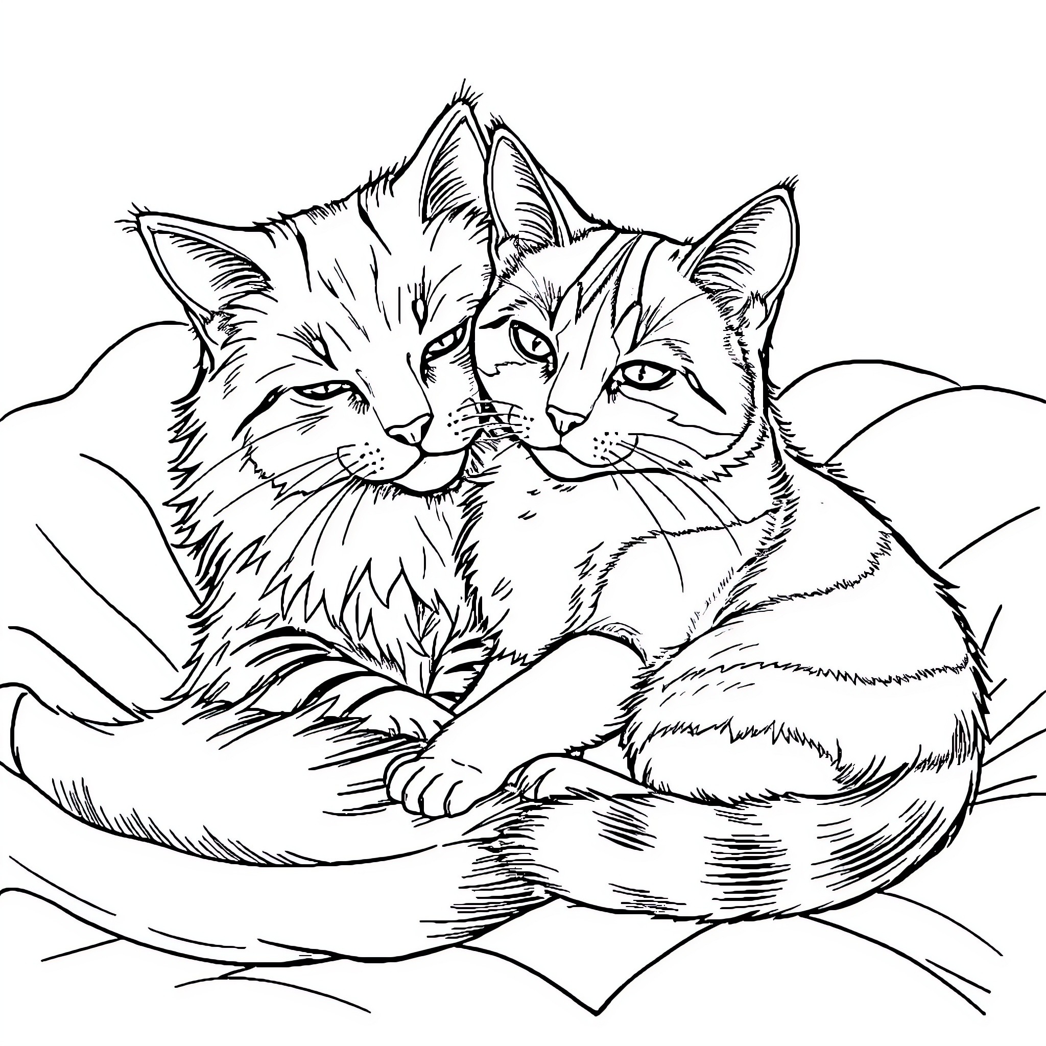 Cats cuddling peacefully on cozy bedding Coloring Page (free black-and-white line drawing printable PDF for all, from beginners to advanced learners, including children, teens, adults, and seniors)