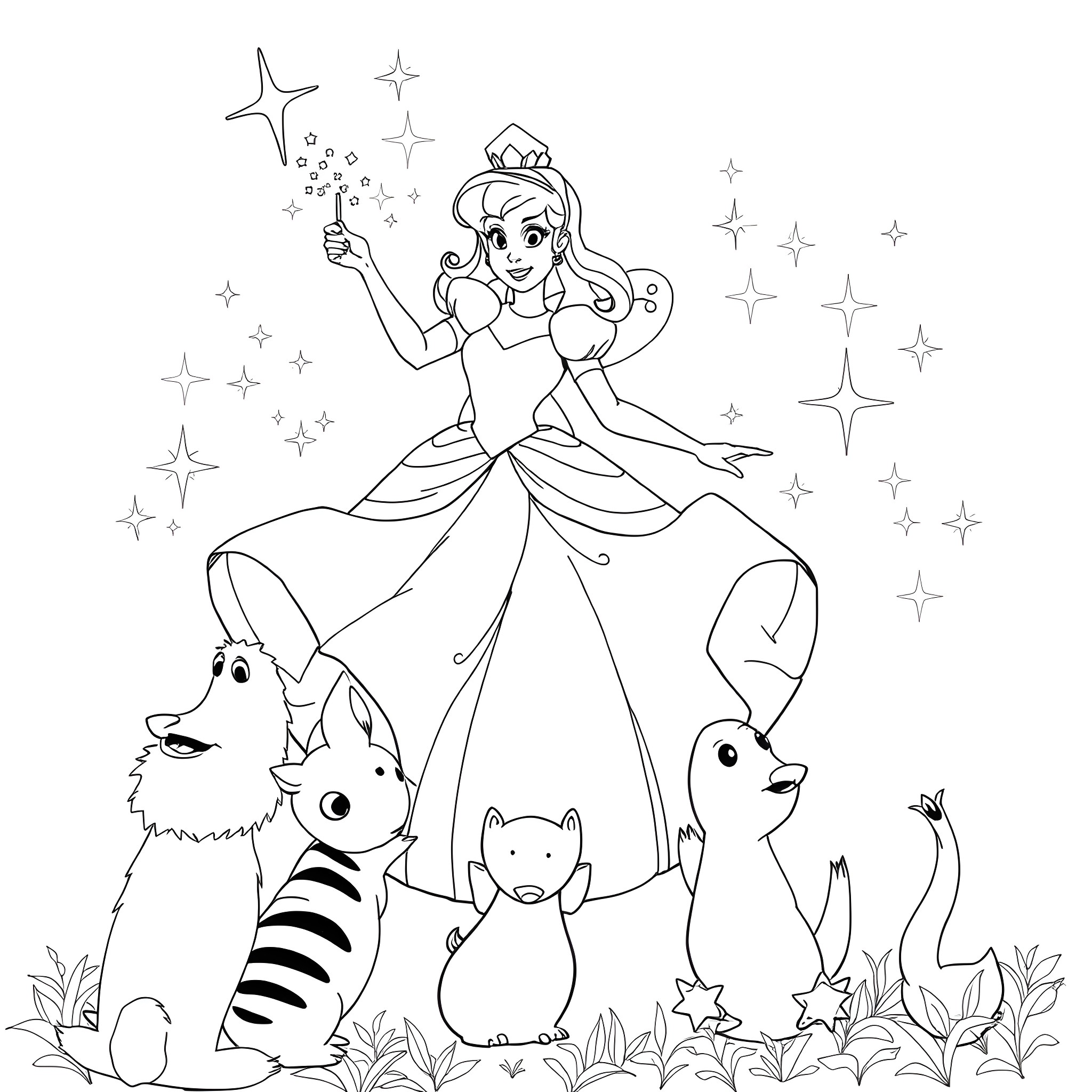 Fairy Godmother waving wand among magical creatures Coloring Page (free black-and-white line drawing printable PDF for all, from beginners to advanced learners, including children, teens, adults, and seniors)