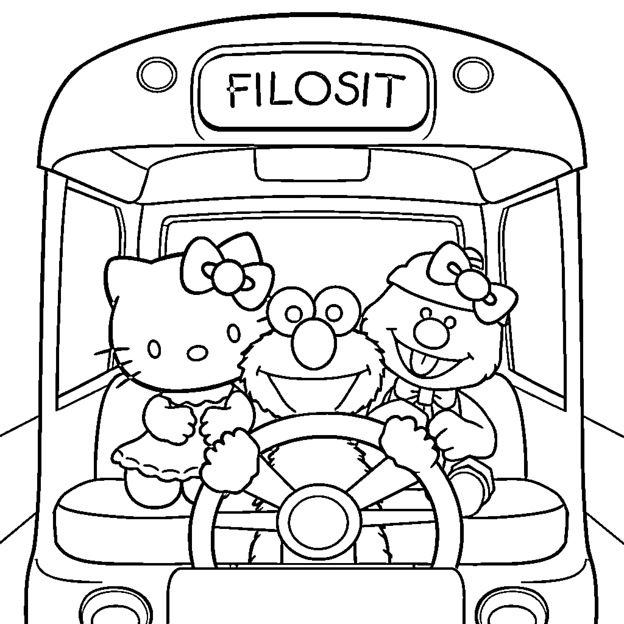 Hello Kitty Driving a School Bus Coloring Page (free black-and-white line drawing printable PDF for all, from beginners to advanced learners, including children, teens, adults, and seniors)
