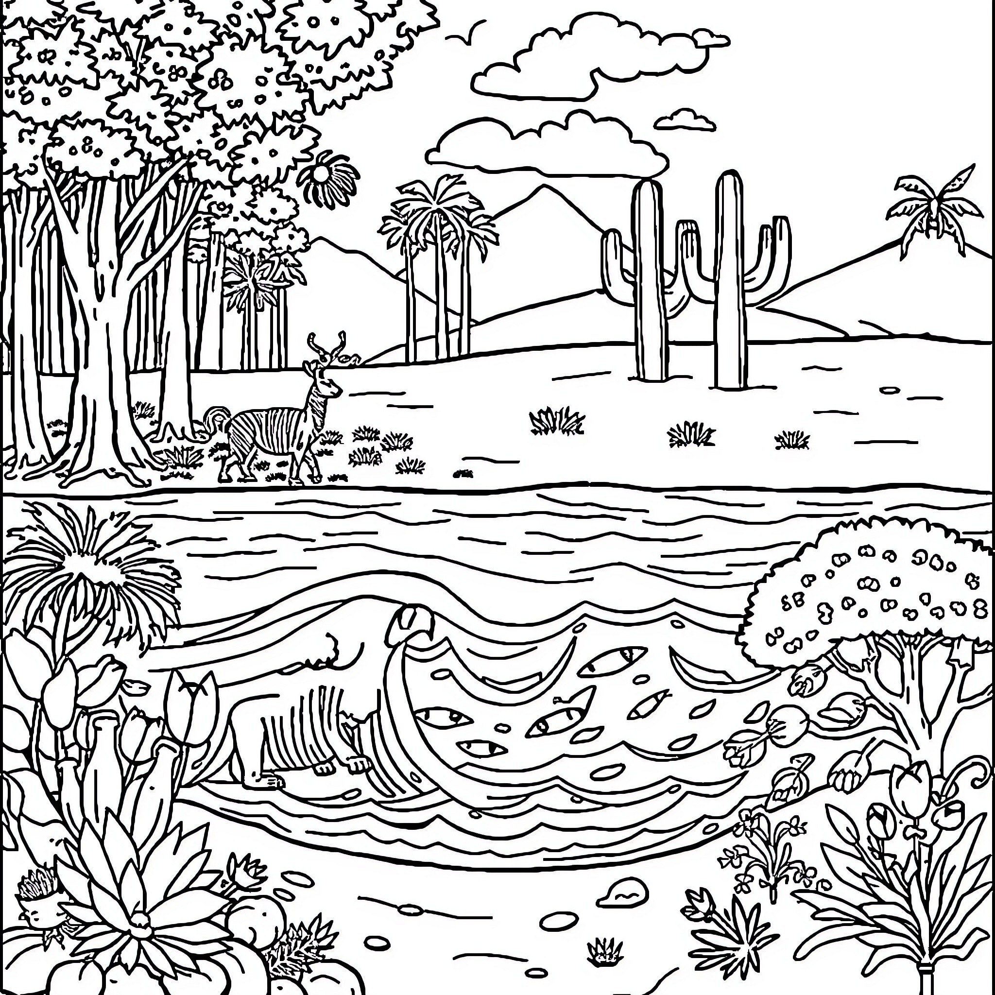 Ecosystem of the Vibrant Desert Landscape Coloring Page (free black-and-white line drawing printable PDF for all, from beginners to advanced learners, including children, teens, adults, and seniors)