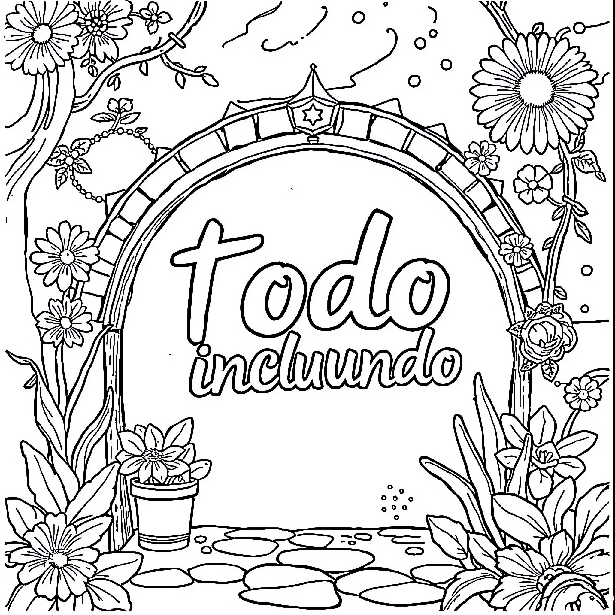 Todo Incluido: Whimsical Floral Scene with Decorative Frame Coloring Page (free black-and-white line drawing printable PDF for all, from beginners to advanced learners, including children, teens, adults, and seniors)