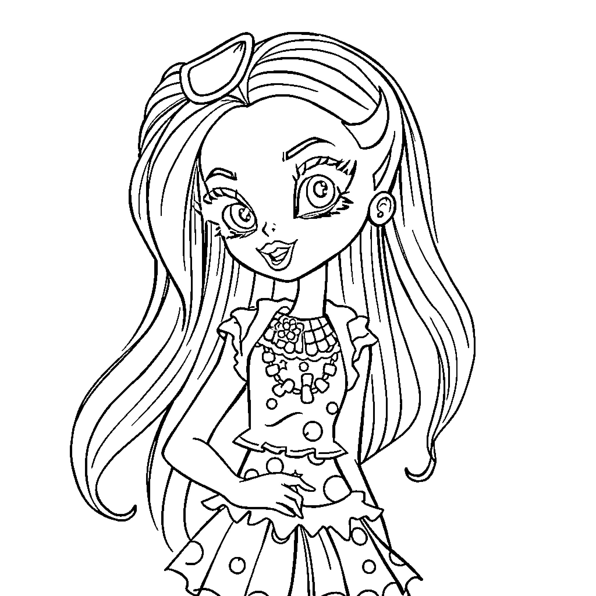 Bluey girl in polka dot dress with lollipop Coloring Page (free black-and-white line drawing printable PDF for all, from beginners to advanced learners, including children, teens, adults, and seniors)