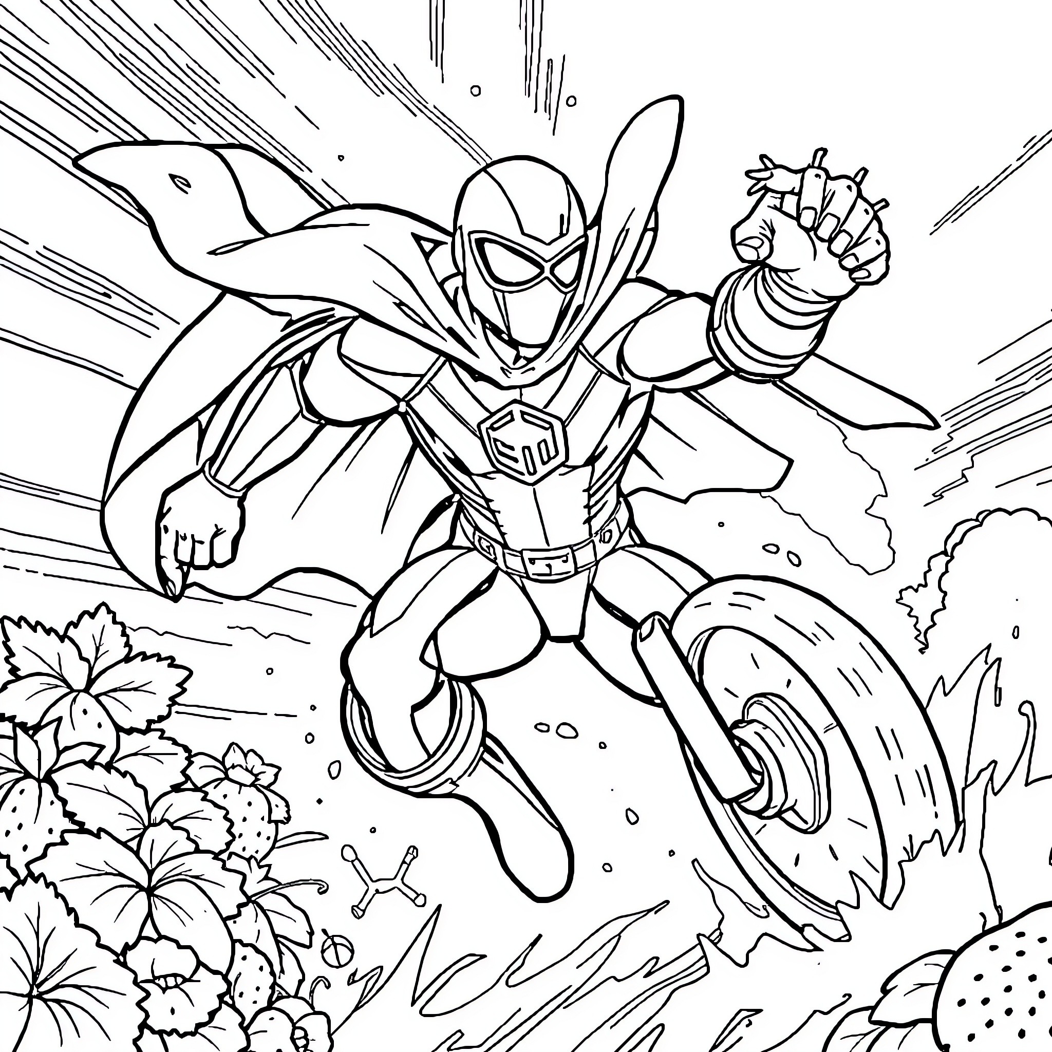 Speederman heroically soars through the scene Coloring Page (free black-and-white line drawing printable PDF for all, from beginners to advanced learners, including children, teens, adults, and seniors)