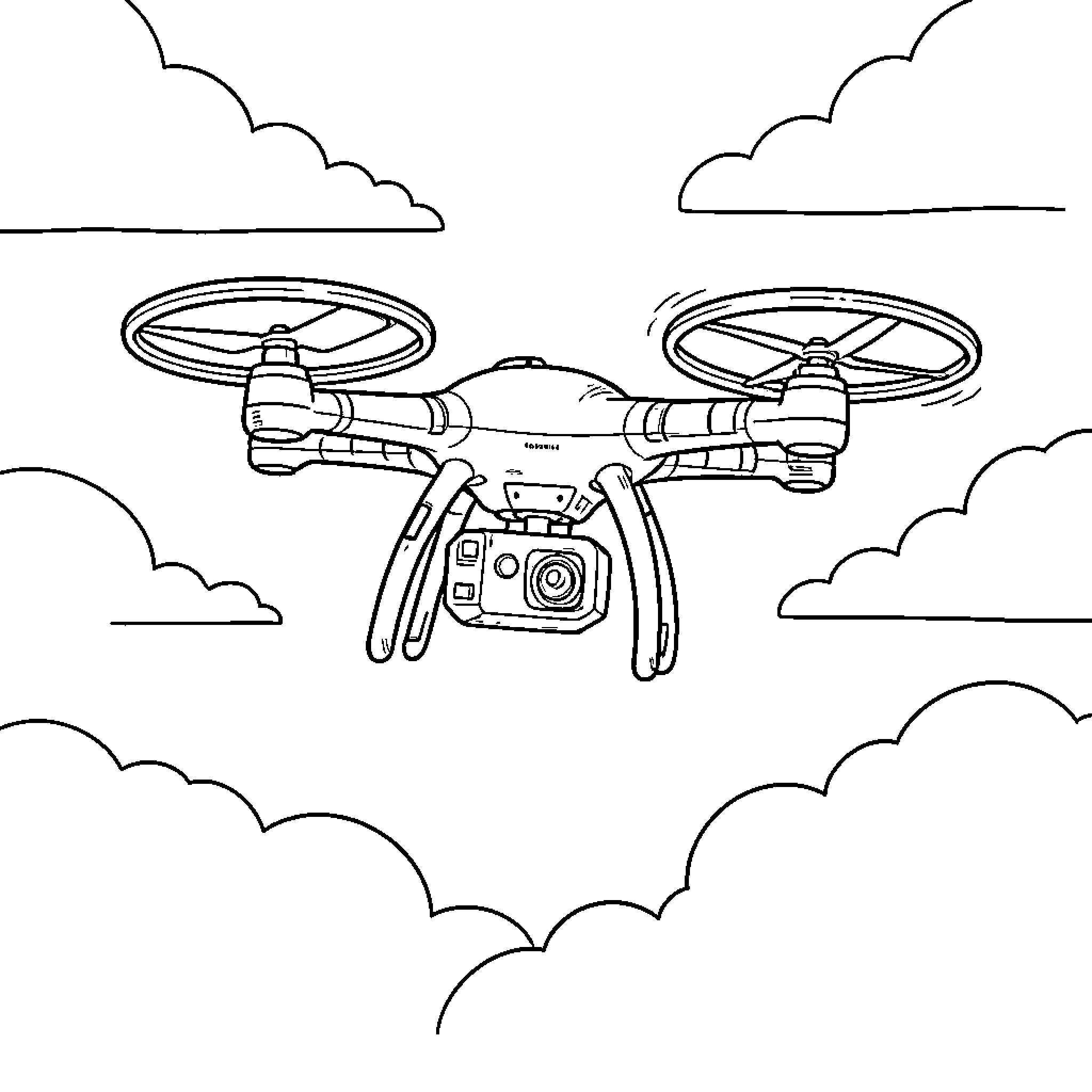 Drone flying through a sky filled with clouds Coloring Page (free black-and-white line drawing printable PDF for all, from beginners to advanced learners, including children, teens, adults, and seniors)