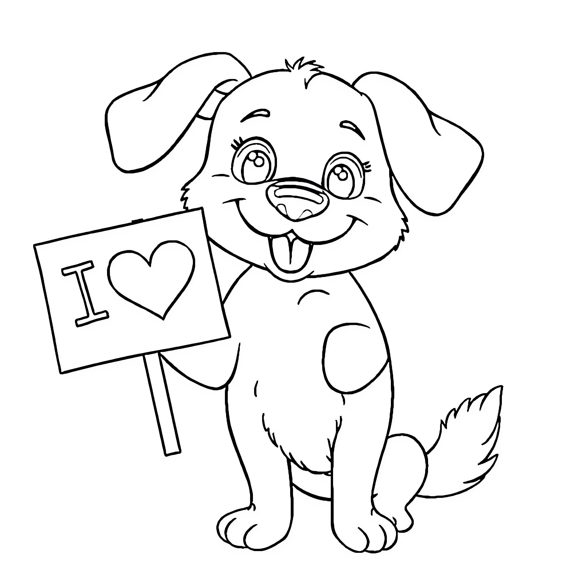 Bluey the Cheerful Puppy Holding a Sign Coloring Page (free black-and-white line drawing printable PDF for all, from beginners to advanced learners, including children, teens, adults, and seniors)