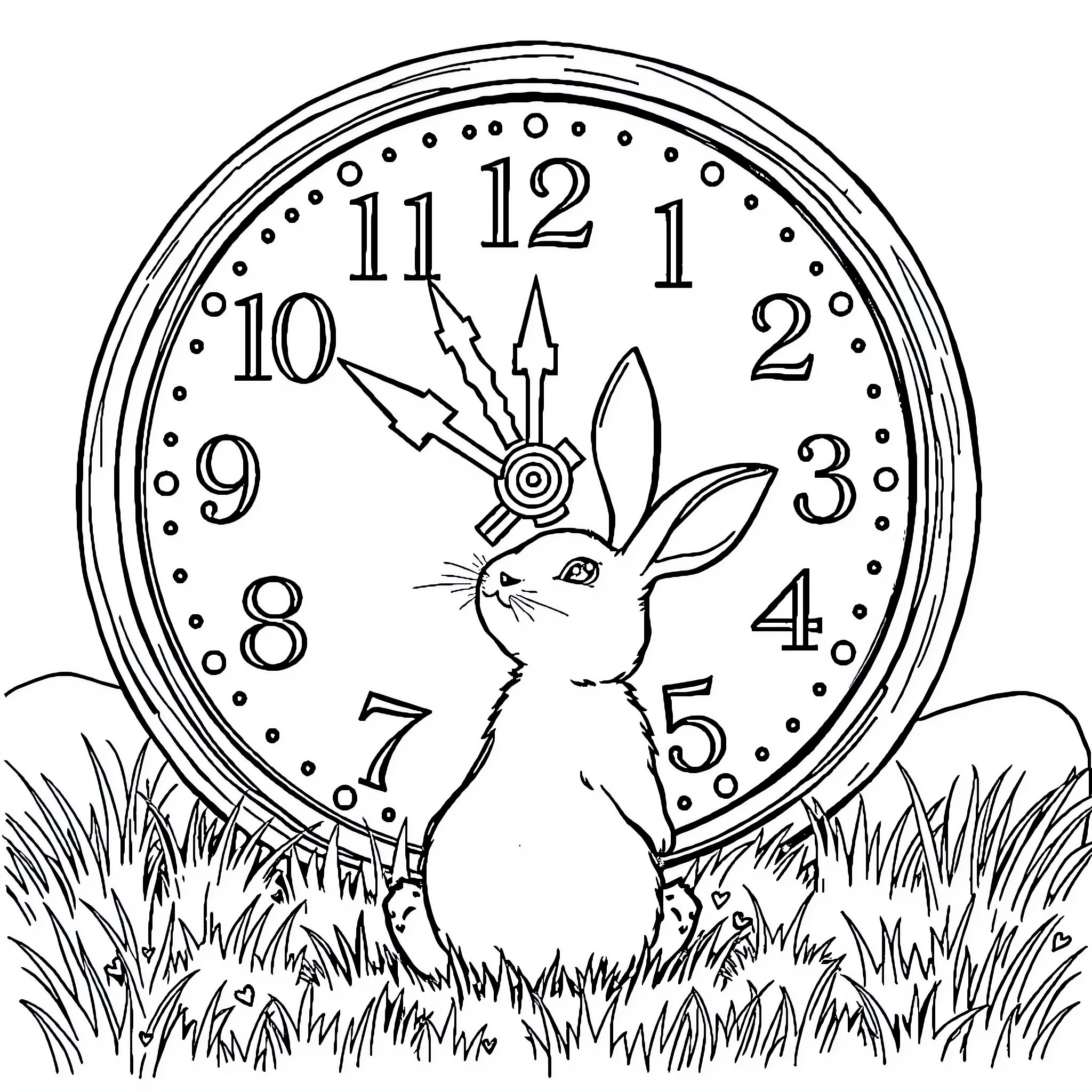 Rabbit watching a clock in a grassy field Coloring Page (free black-and-white line drawing printable PDF for all, from beginners to advanced learners, including children, teens, adults, and seniors)