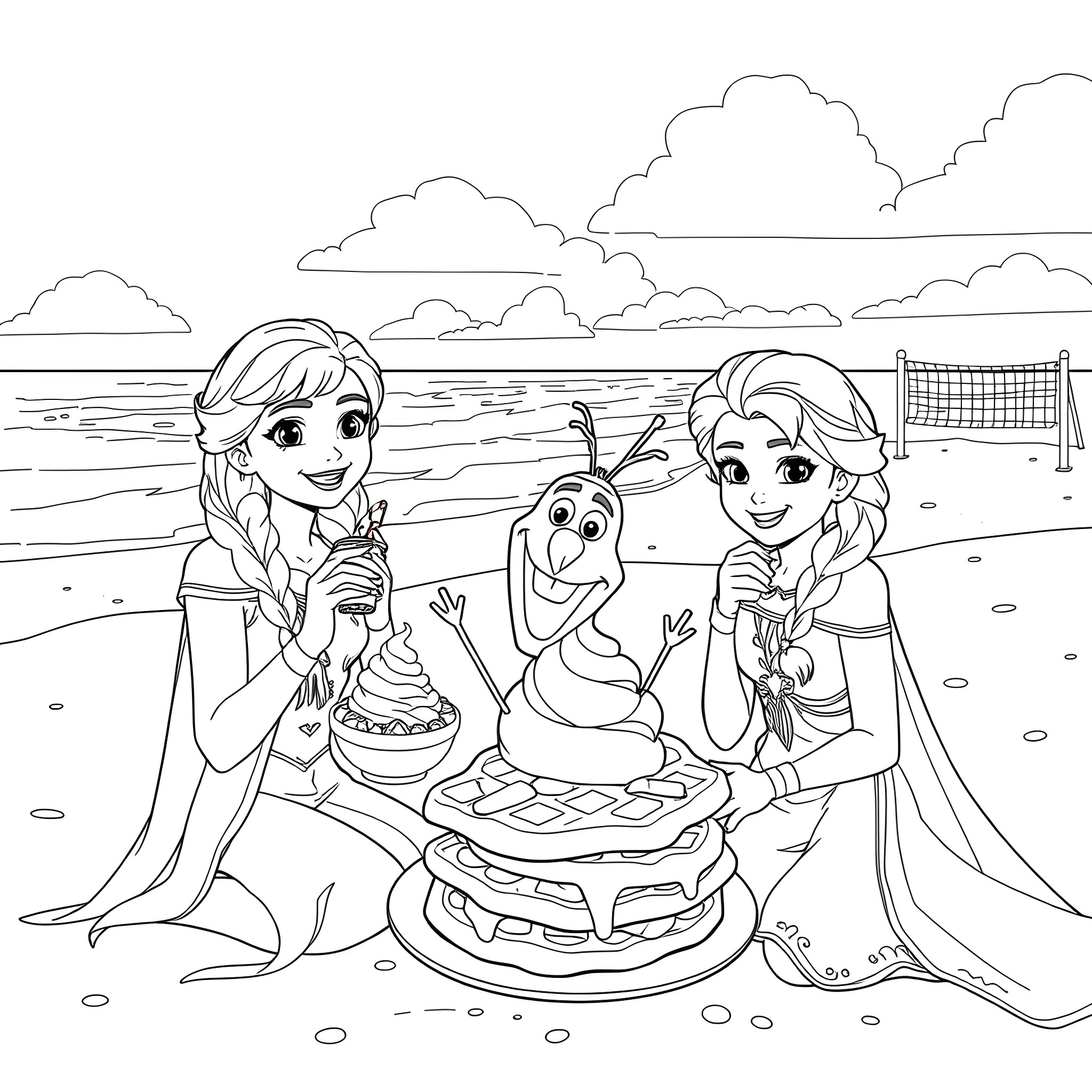 Anna and Elsa Enjoying a Beach Picnic with Olaf Coloring Page (free black-and-white line drawing printable PDF for all, from beginners to advanced learners, including children, teens, adults, and seniors)