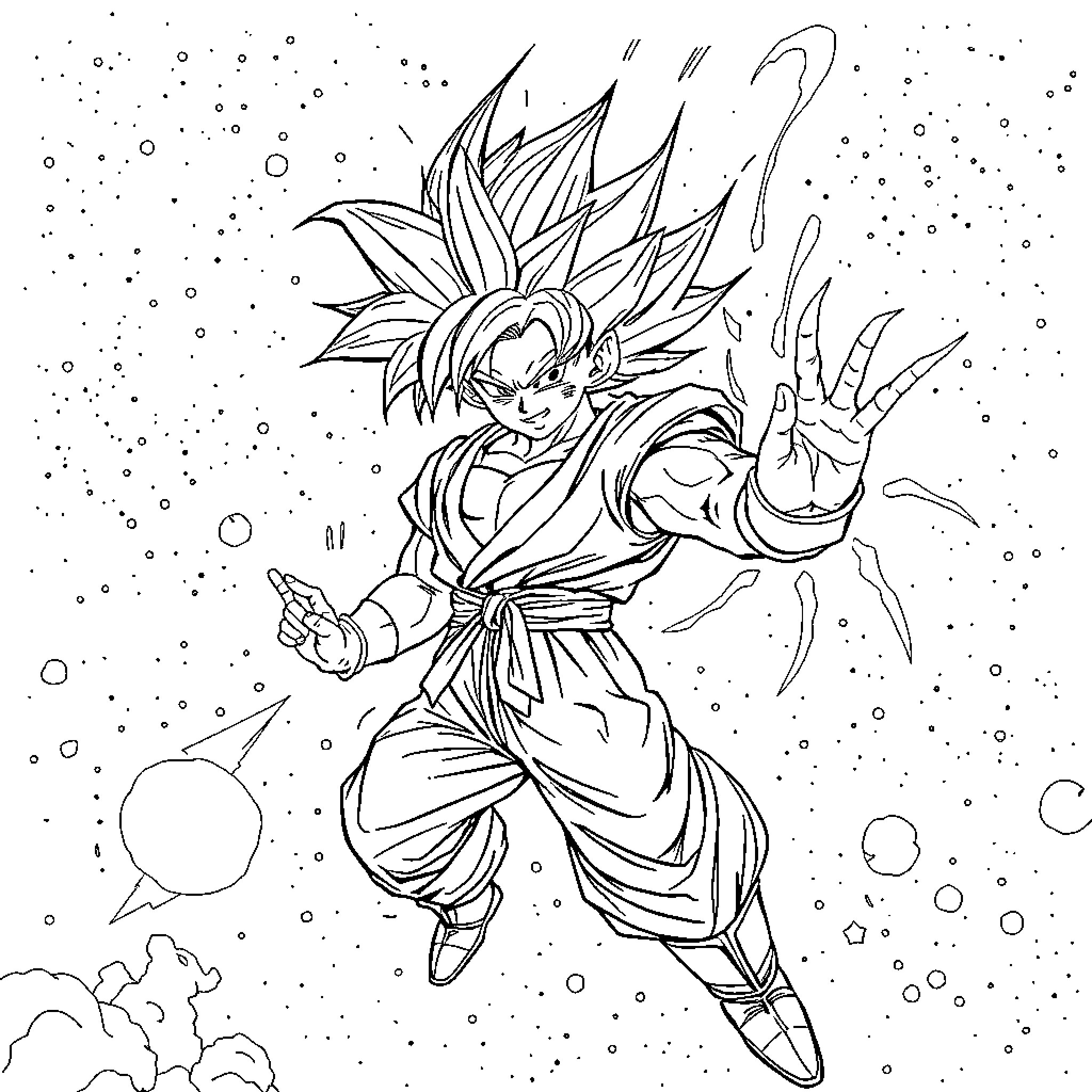 Son Goku in Heroic Transformation Coloring Page (free black-and-white line drawing printable PDF for all, from beginners to advanced learners, including children, teens, adults, and seniors)