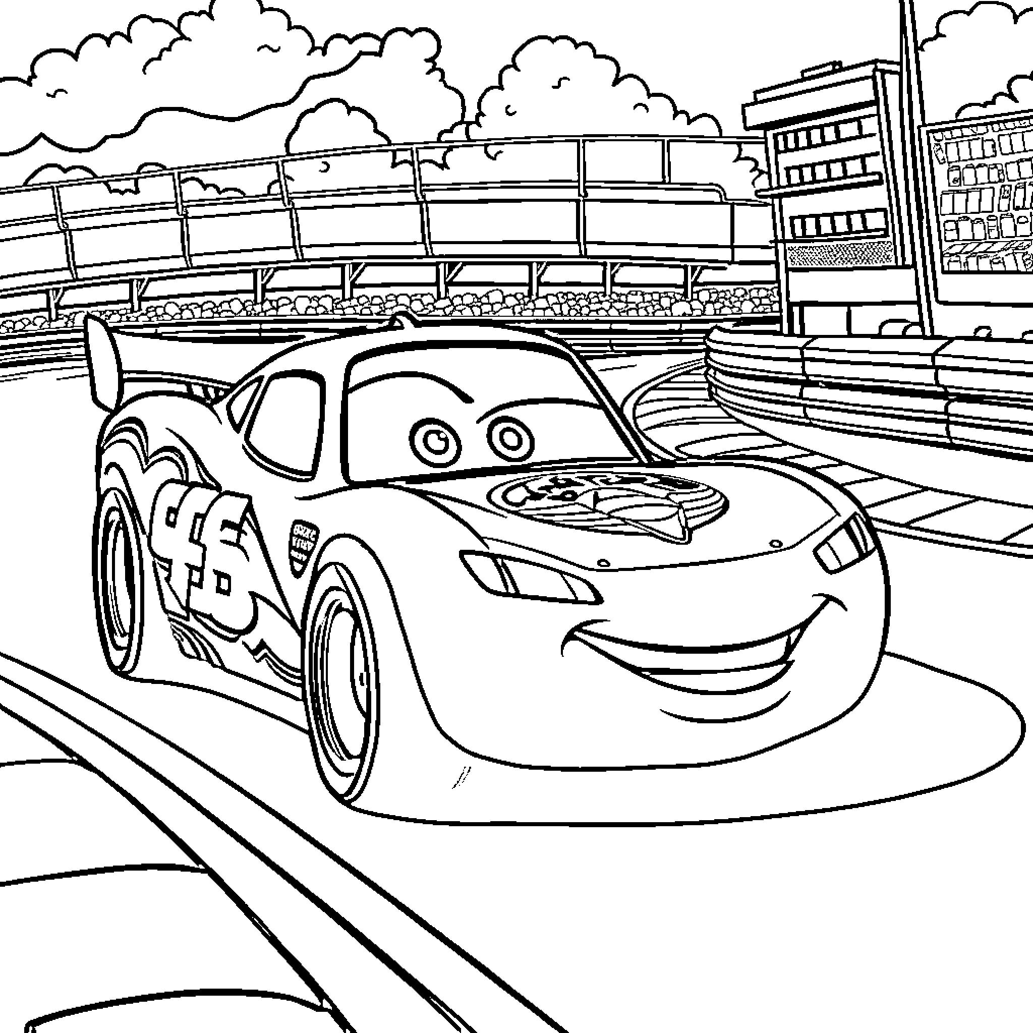 McQueen racing on the track Coloring Page (free black-and-white line drawing printable PDF for all, from beginners to advanced learners, including children, teens, adults, and seniors)