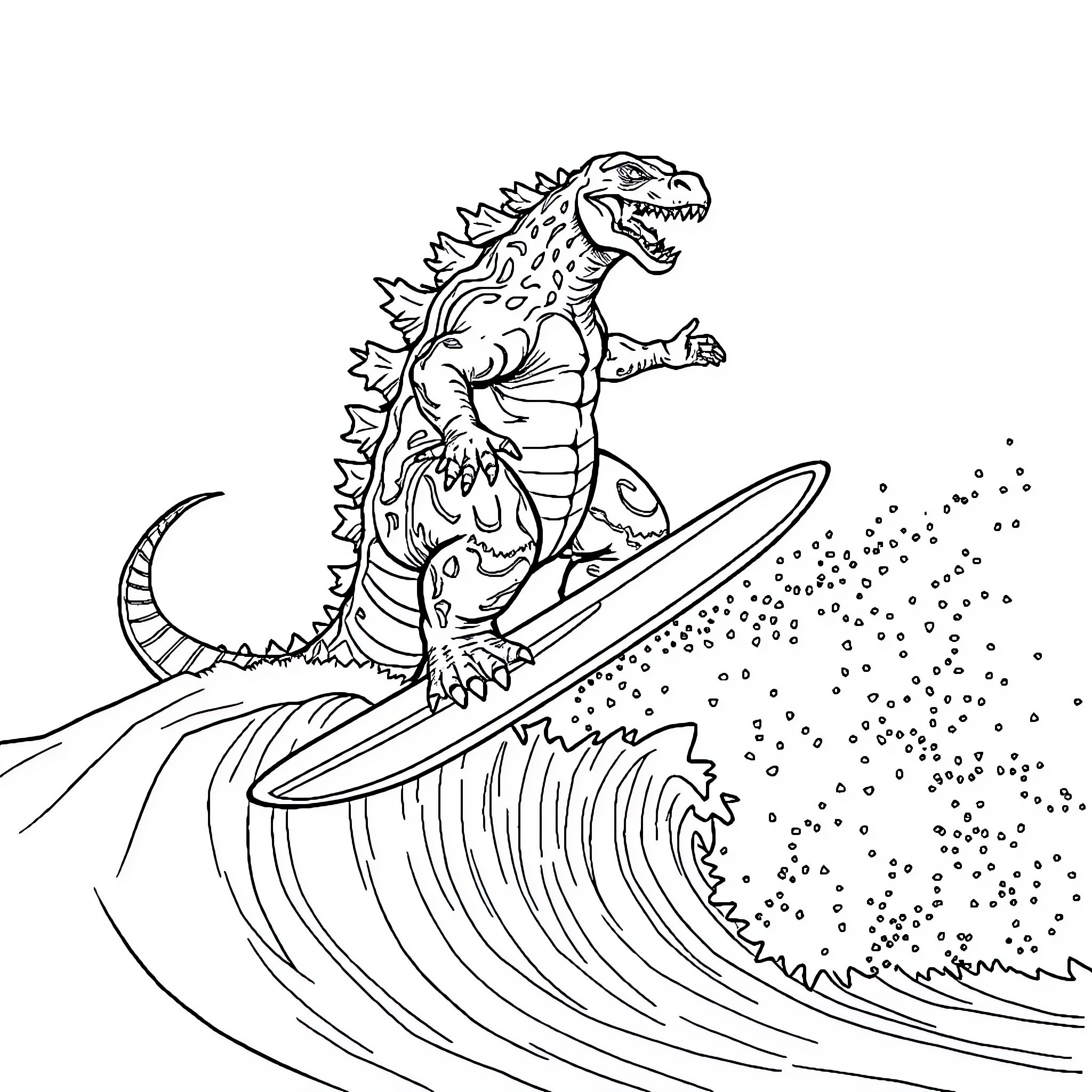 Godzilla surfing giant waves with fury Coloring Page (free black-and-white line drawing printable PDF for all, from beginners to advanced learners, including children, teens, adults, and seniors)