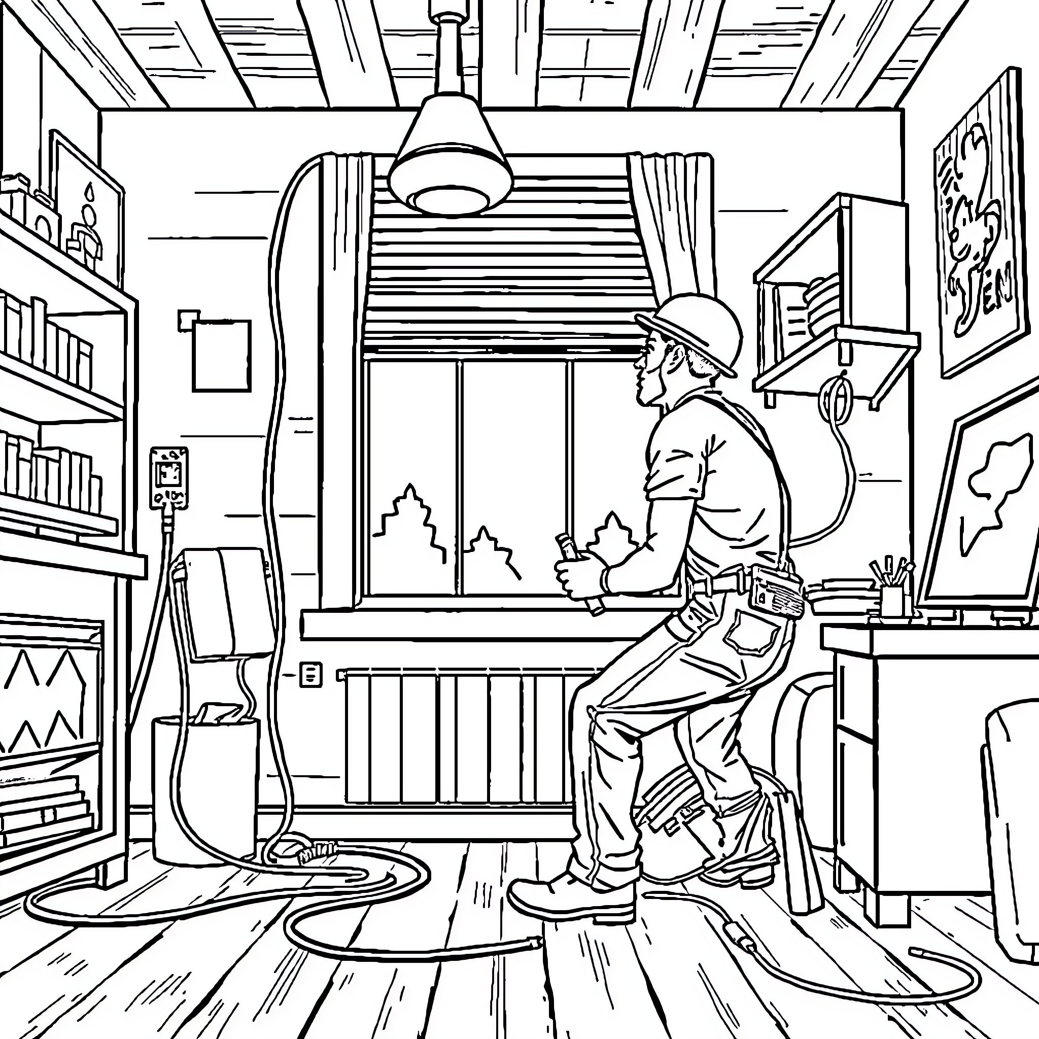 Electrician Working Diligently in Workshop Coloring Page (free black-and-white line drawing printable PDF for all, from beginners to advanced learners, including children, teens, adults, and seniors)