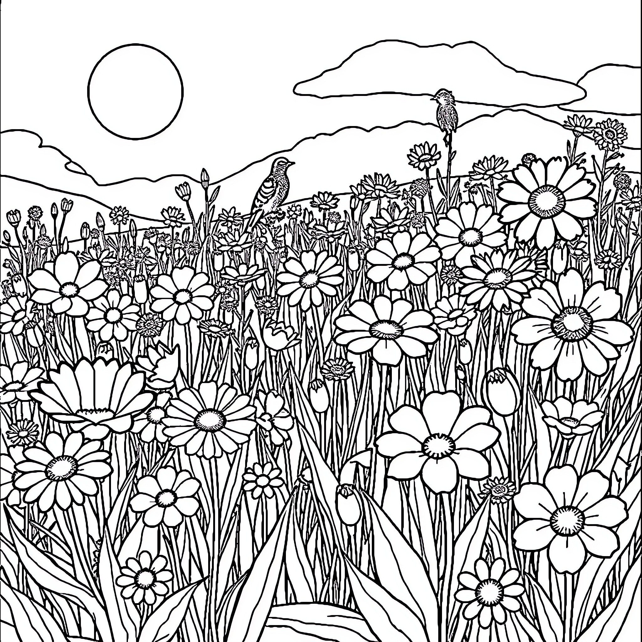 Flower Garden with Birds and Scenic Landscape Coloring Page (free black-and-white line drawing printable PDF for all, from beginners to advanced learners, including children, teens, adults, and seniors)