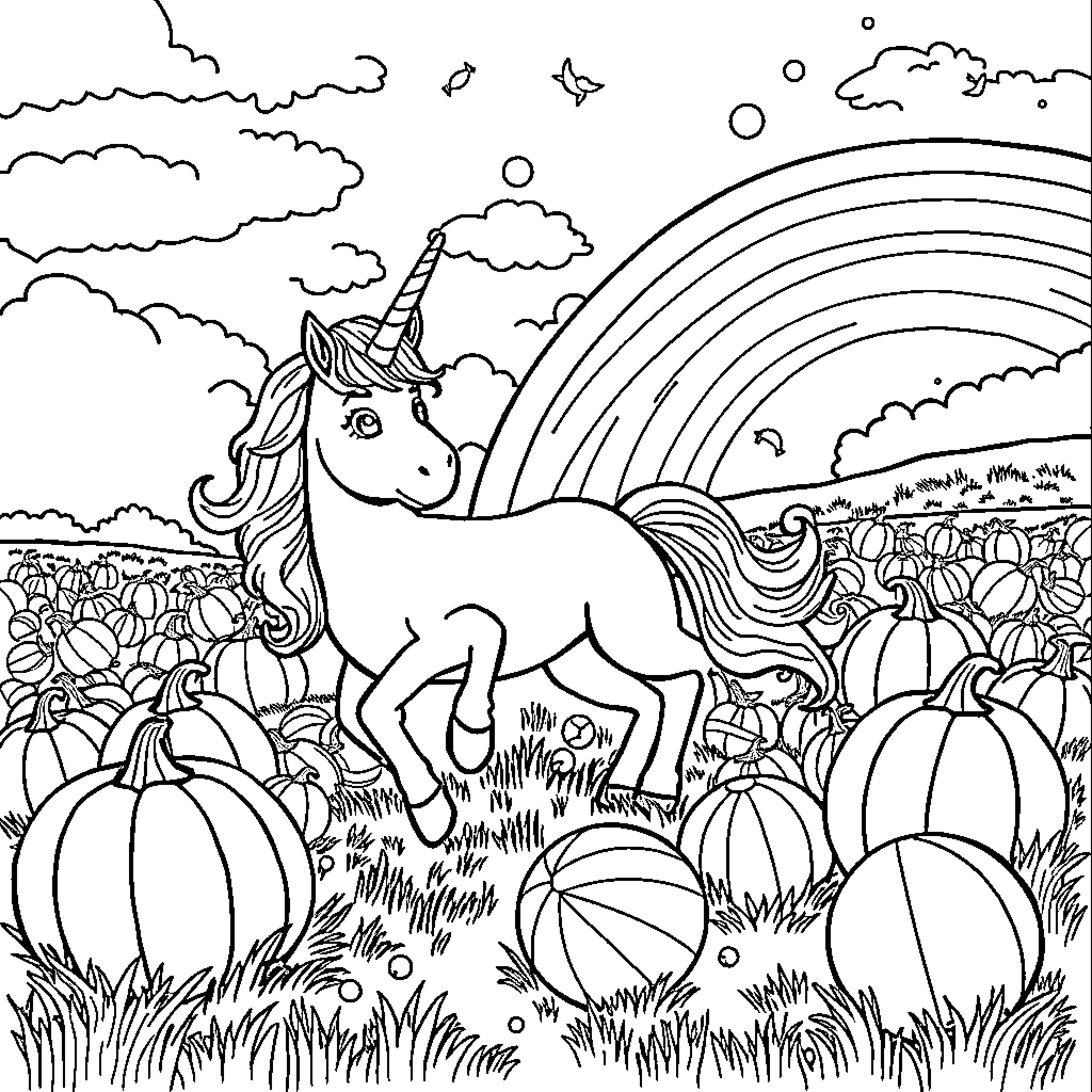 Unicorn galloping in a magical meadow Coloring Page (free black-and-white line drawing printable PDF for all, from beginners to advanced learners, including children, teens, adults, and seniors)