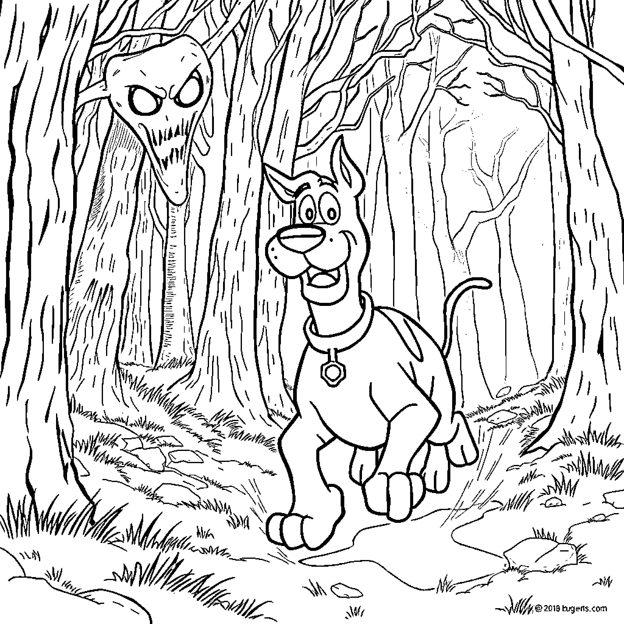 Scooby Doo and friends in a spooky forest Coloring Page (free black-and-white line drawing printable PDF for all, from beginners to advanced learners, including children, teens, adults, and seniors)