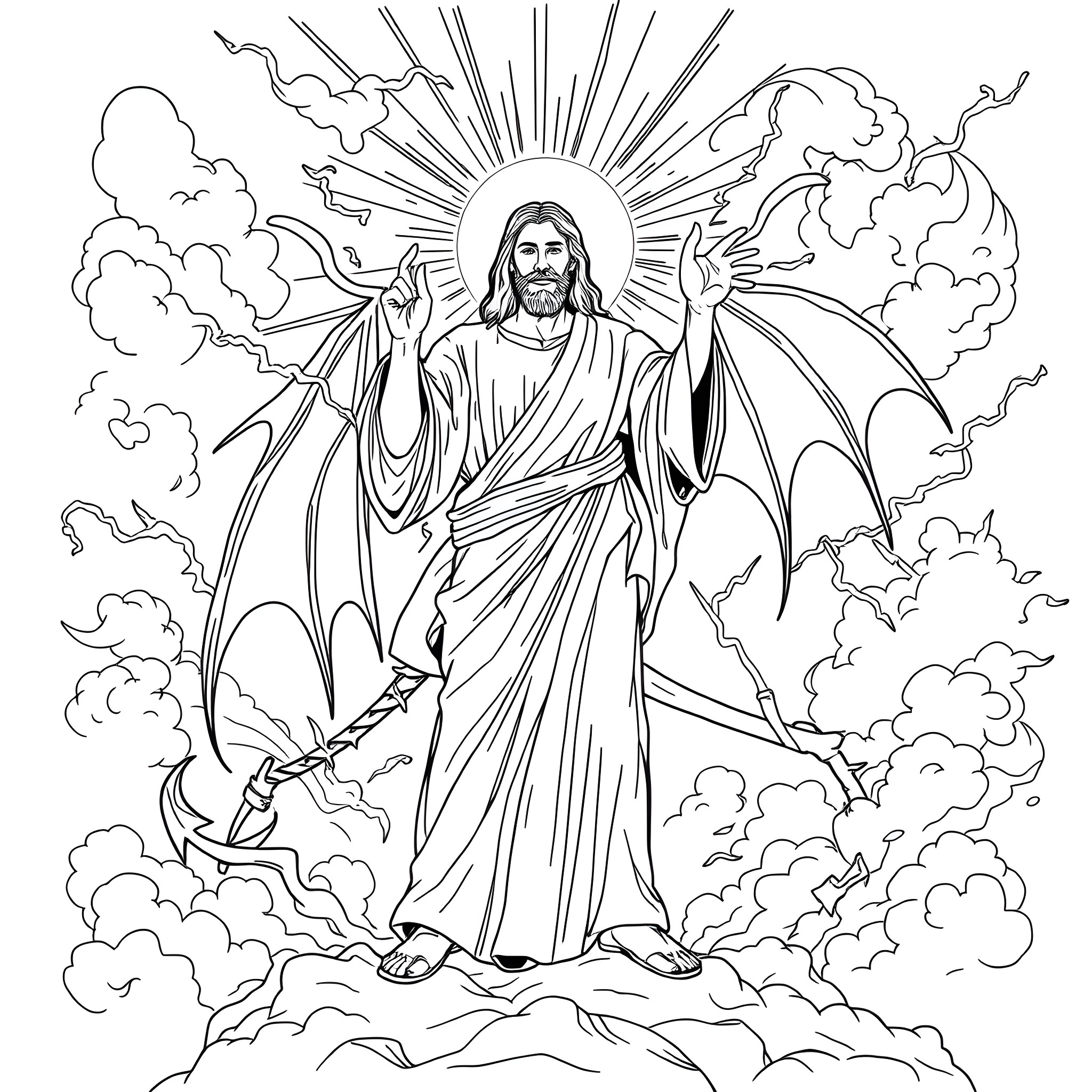 Jesus ascending into heaven with divine radiance Coloring Page (free black-and-white line drawing printable PDF for all, from beginners to advanced learners, including children, teens, adults, and seniors)