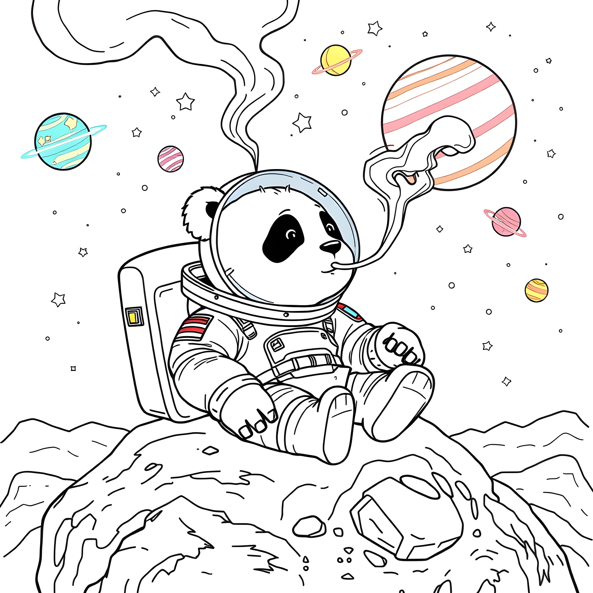 Panda astronaut exploring alien planets in outer space Coloring Page (free black-and-white line drawing printable PDF for all, from beginners to advanced learners, including children, teens, adults, and seniors)