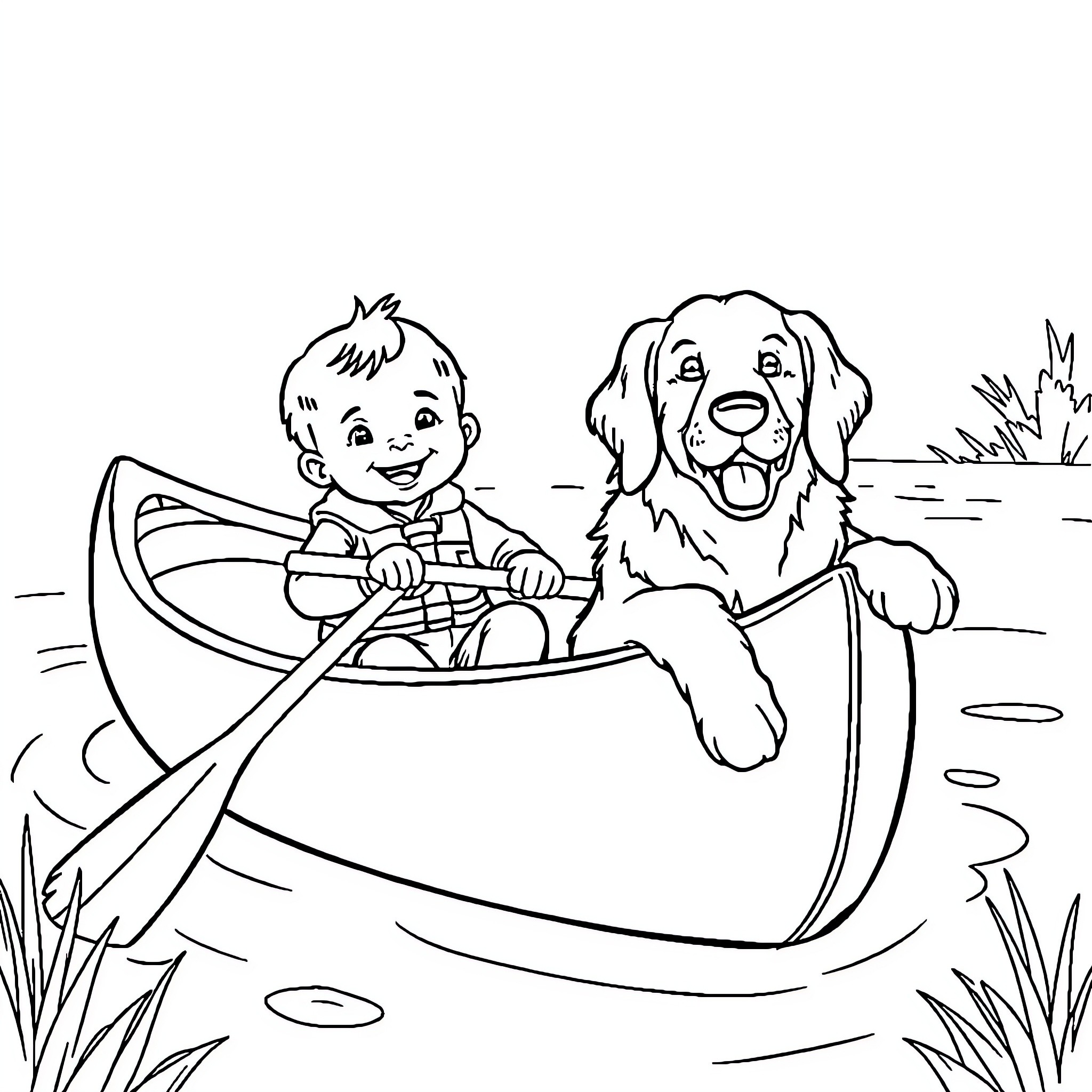 Baby boating with excited dog companion Coloring Page (free black-and-white line drawing printable PDF for all, from beginners to advanced learners, including children, teens, adults, and seniors)